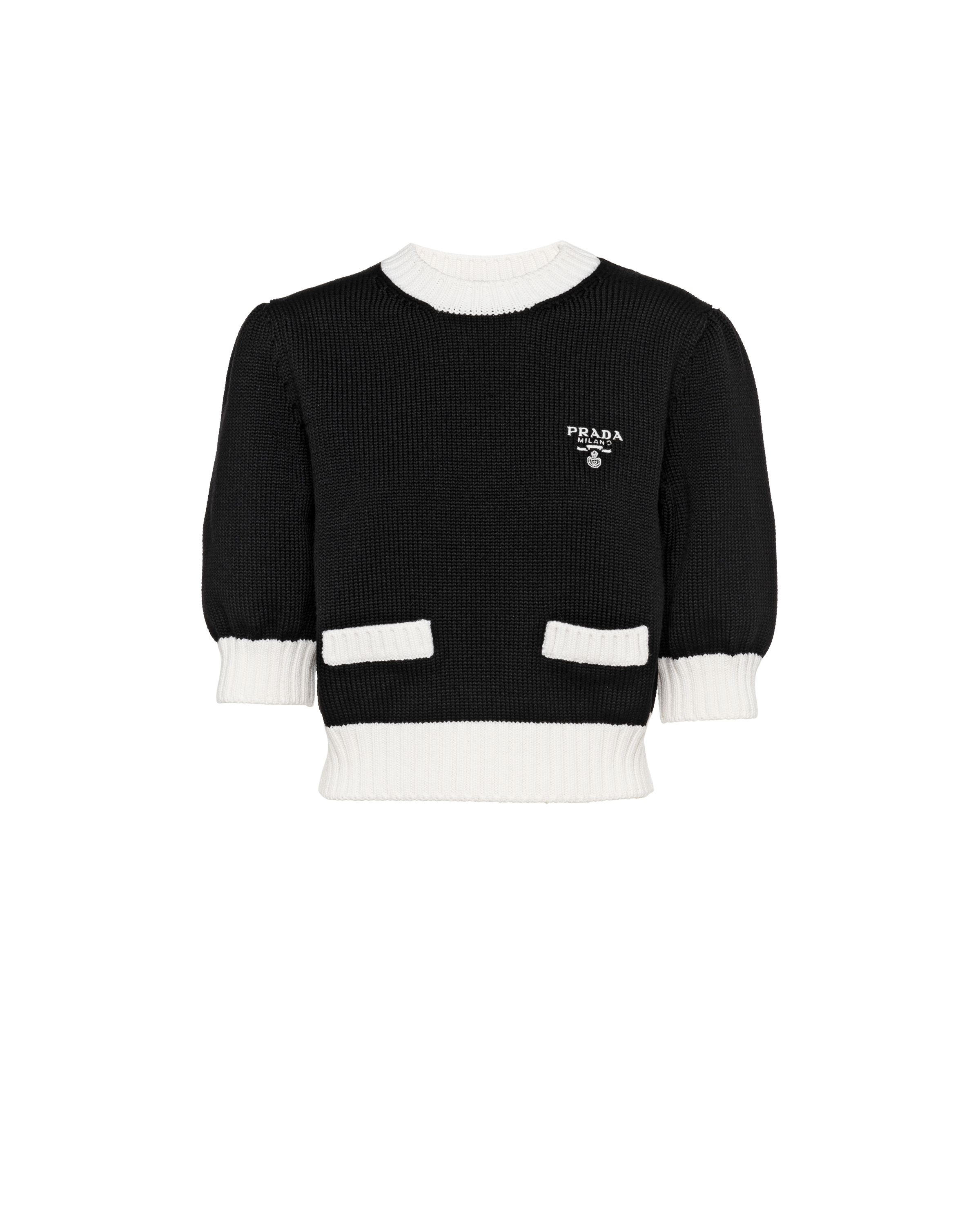 Prada Bicolor Cropped Knit Sweater In Black/white