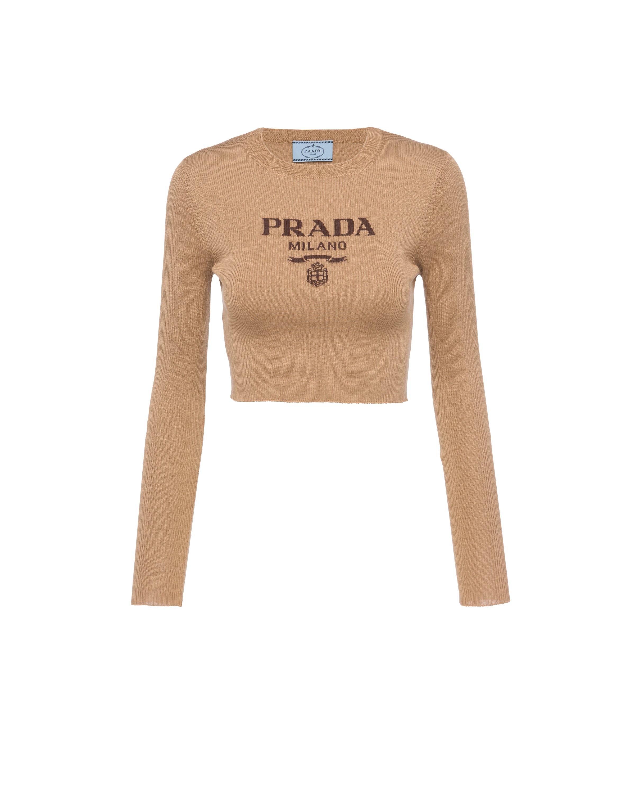 Prada Pull Court En Soie Avec Logo, Femme, Marron Camel, Taille 44