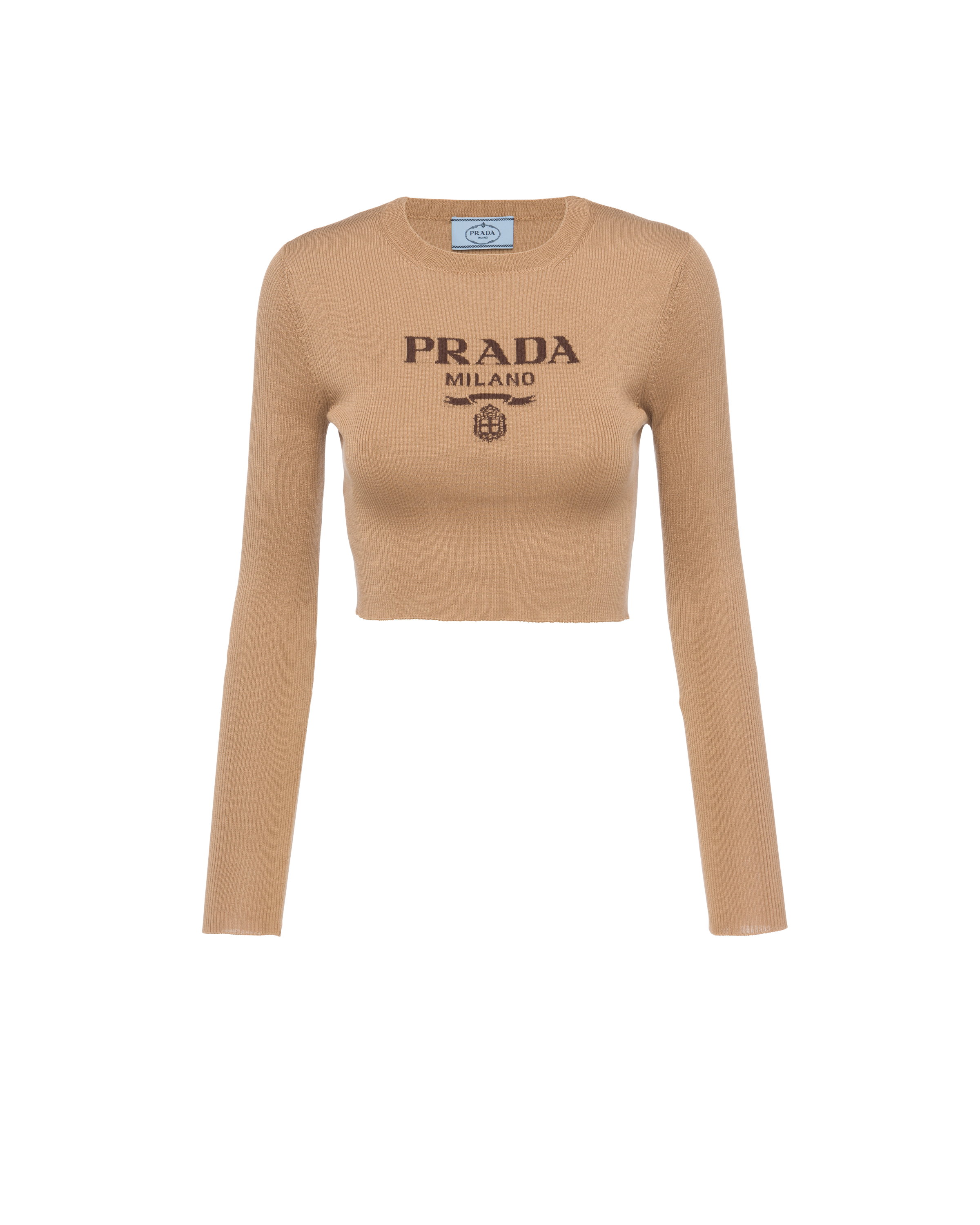 Prada Logo-intarsia Rib Cropped Silk Sweater In Camel Brown
