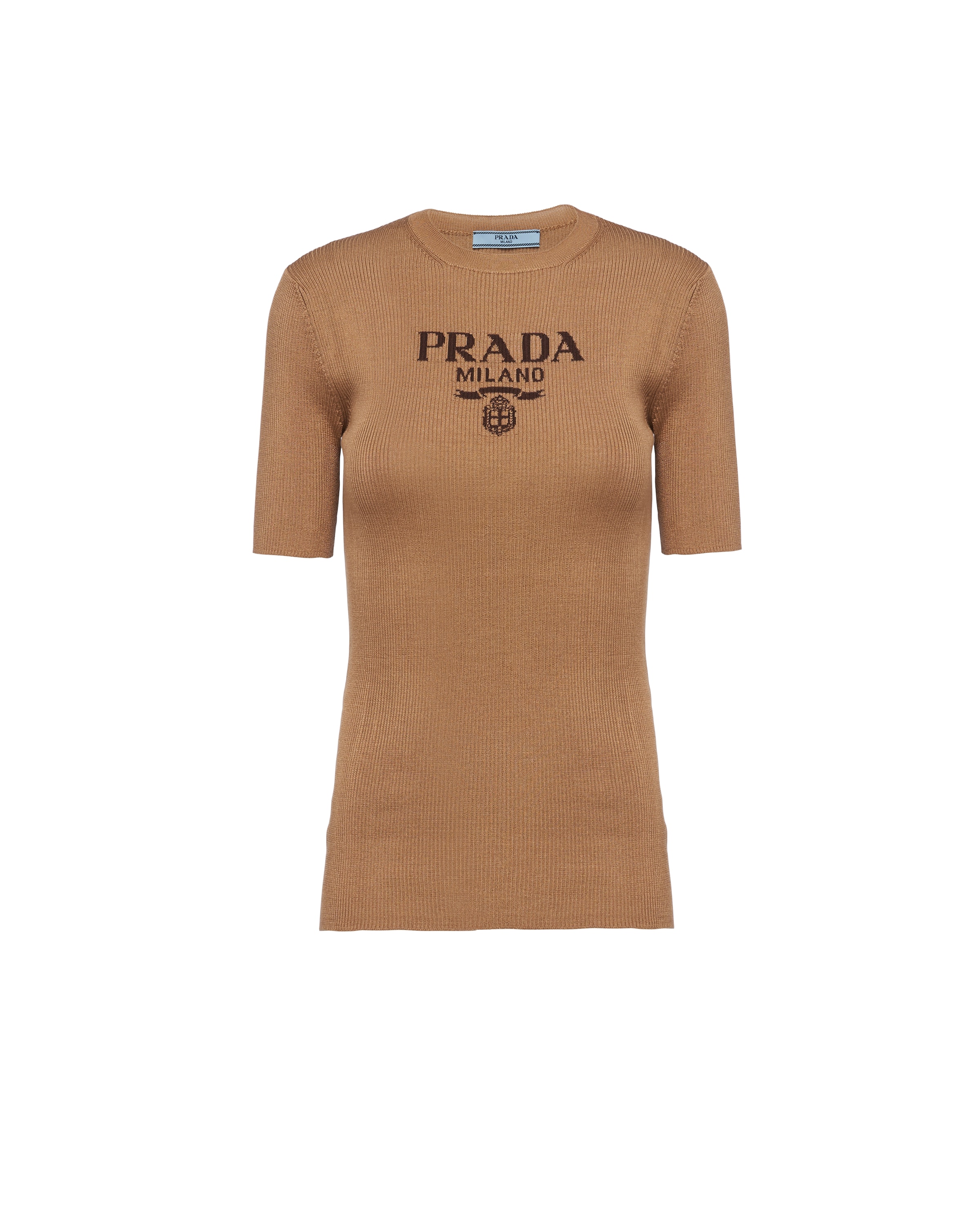 Prada Pull À Col Rond En Soie Avec Logo, Femme, Marron Camel, Taille 36