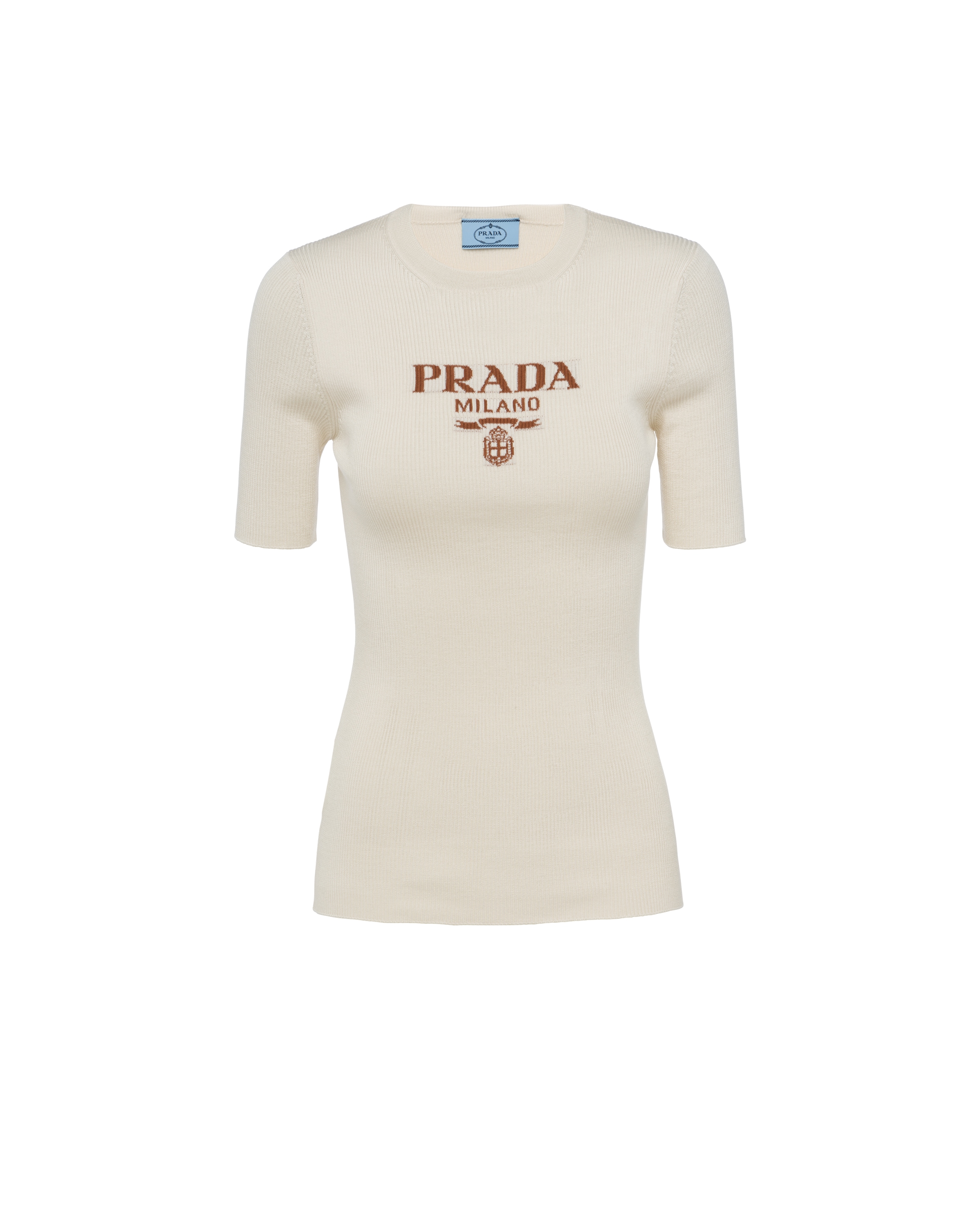 Prada Silk Crew-neck Sweater With Logo, Woman, Ivory, Size 40