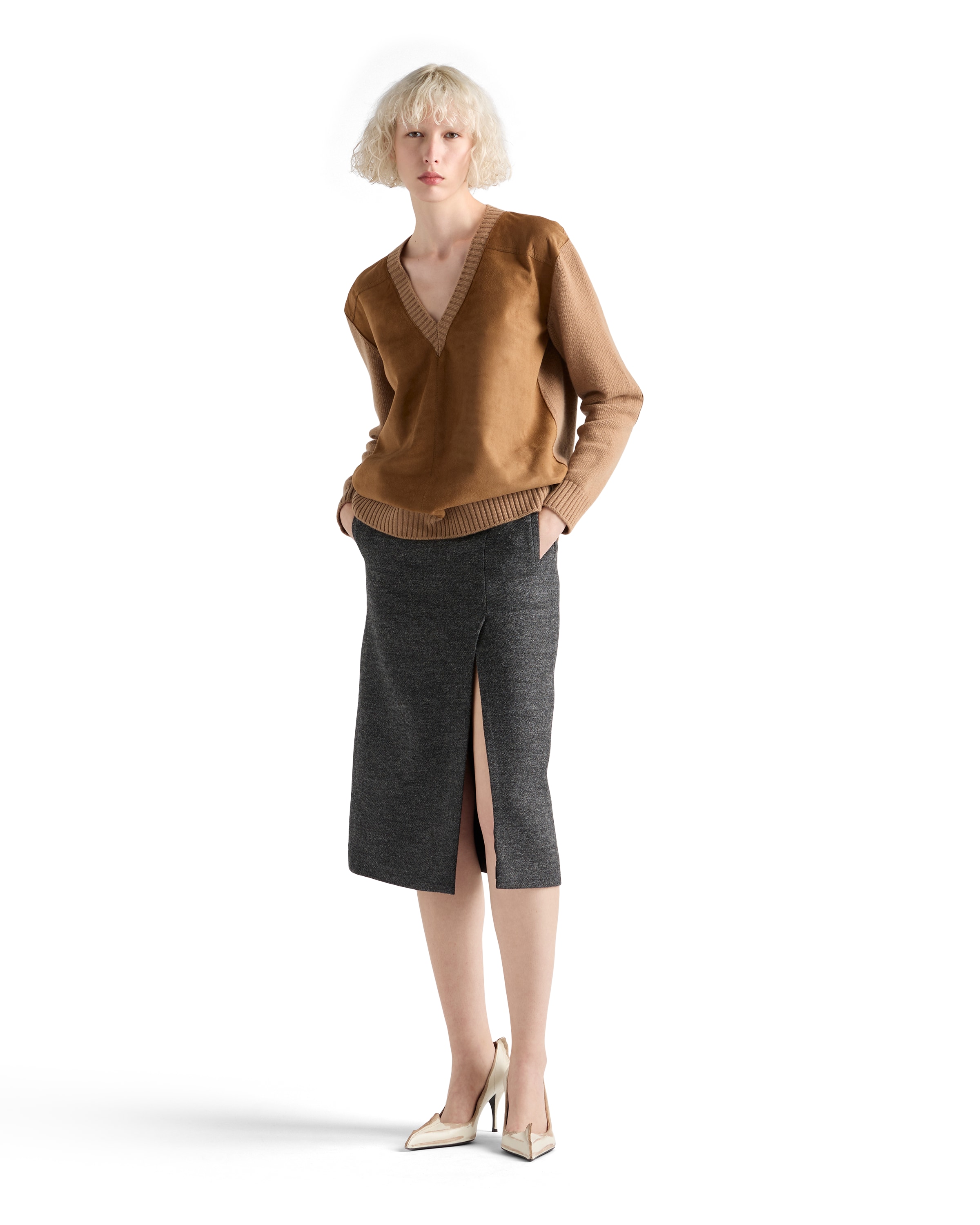 Prada Wool And Cashmere Sweater With Lambskin Front In Brown