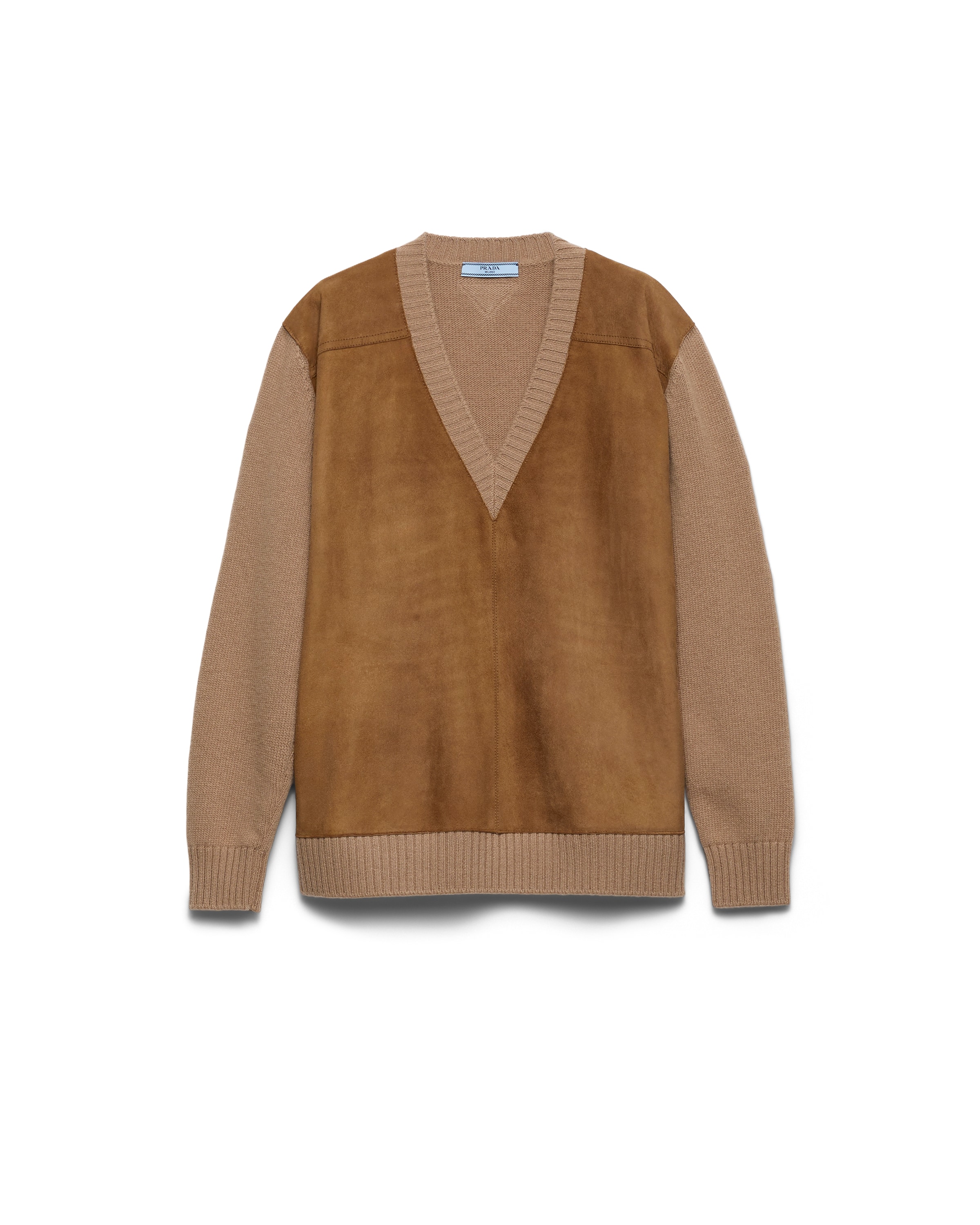 Prada Wool And Cashmere Sweater With Lambskin Front In Brown