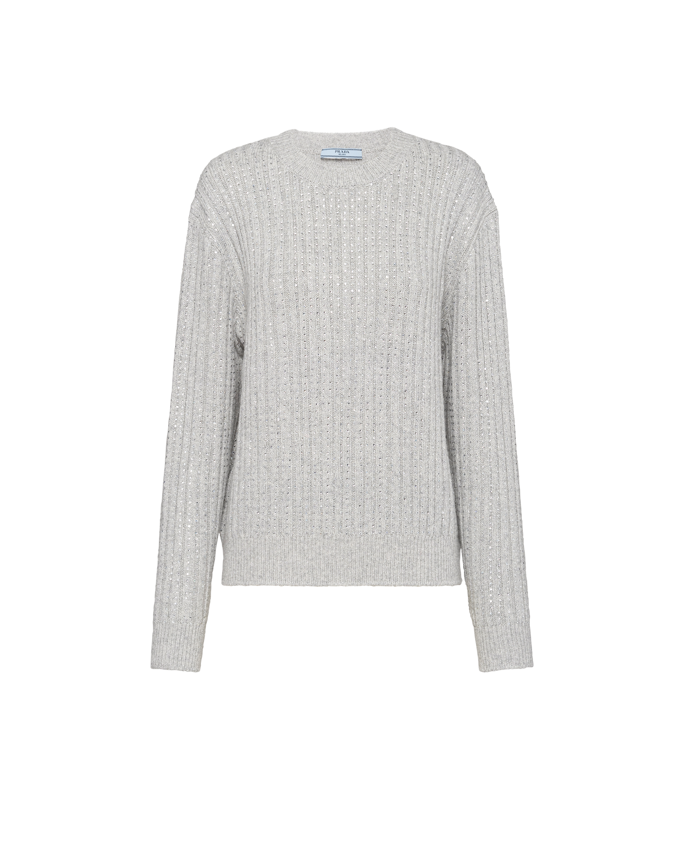 Prada Wool And Cashmere Crew-neck Sweater With Rhinestones In Marble Gray