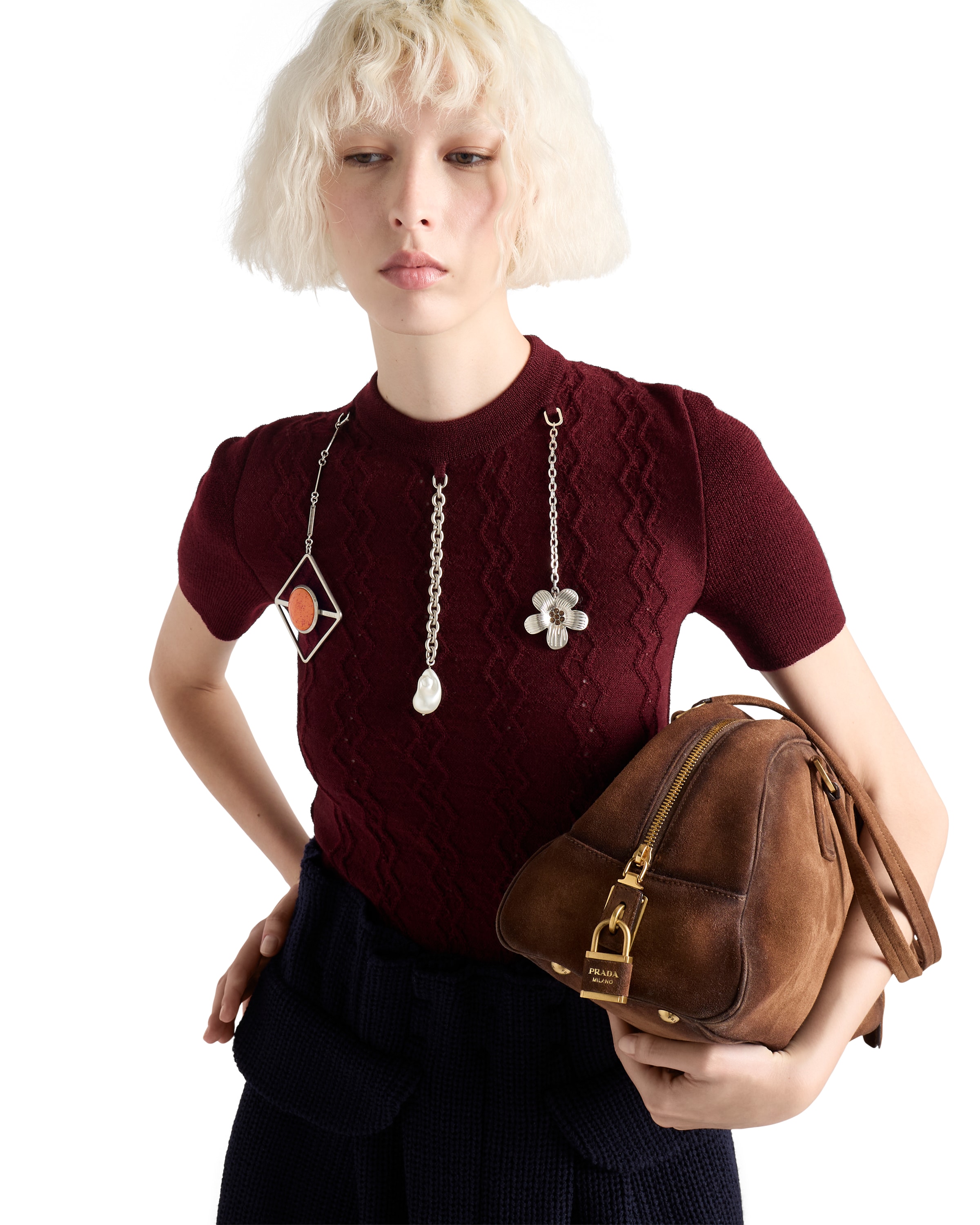 Prada Short-sleeved Wool Sweater With Pendants In Burgundy