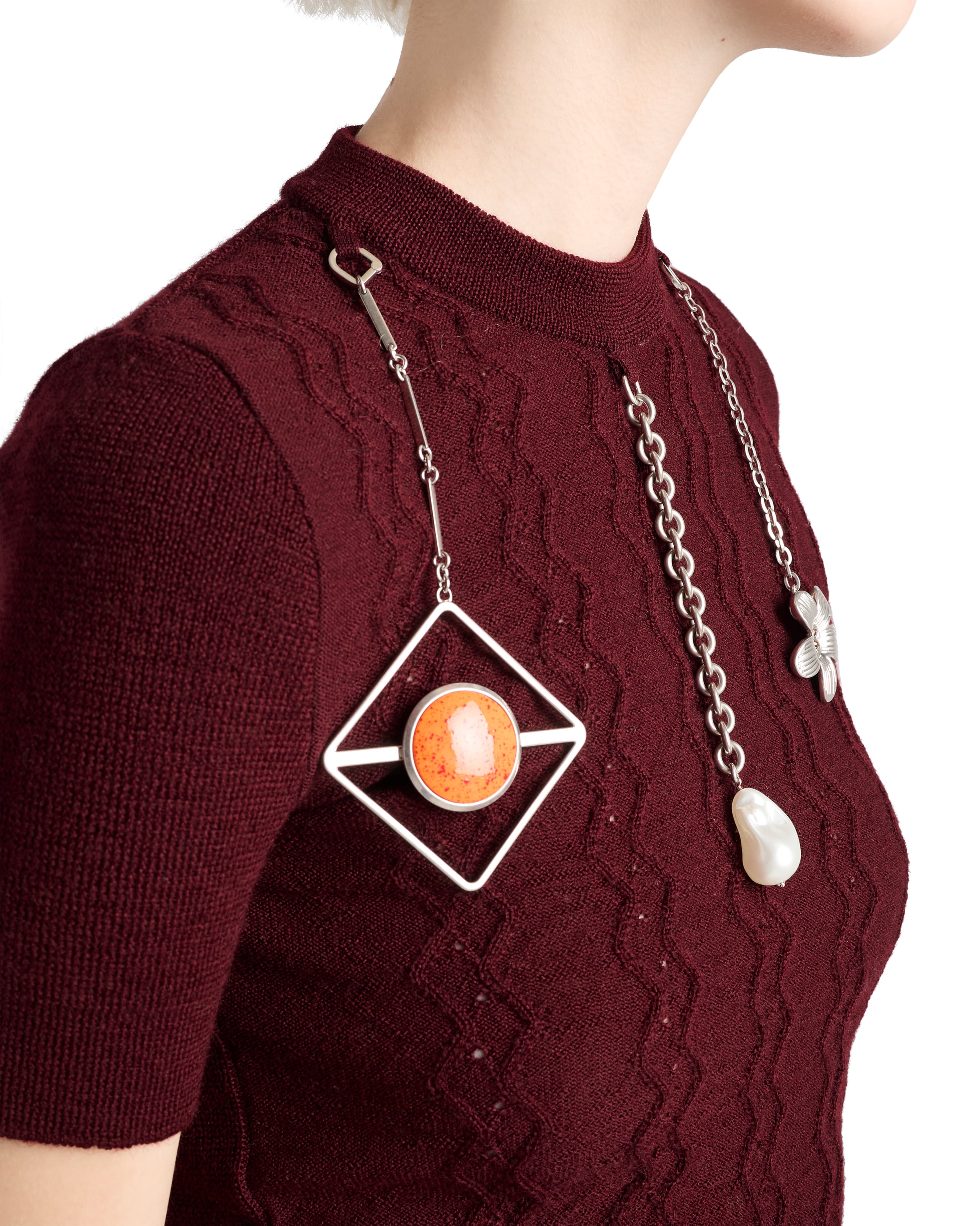 Prada Short-sleeved Wool Sweater With Pendants In Burgundy