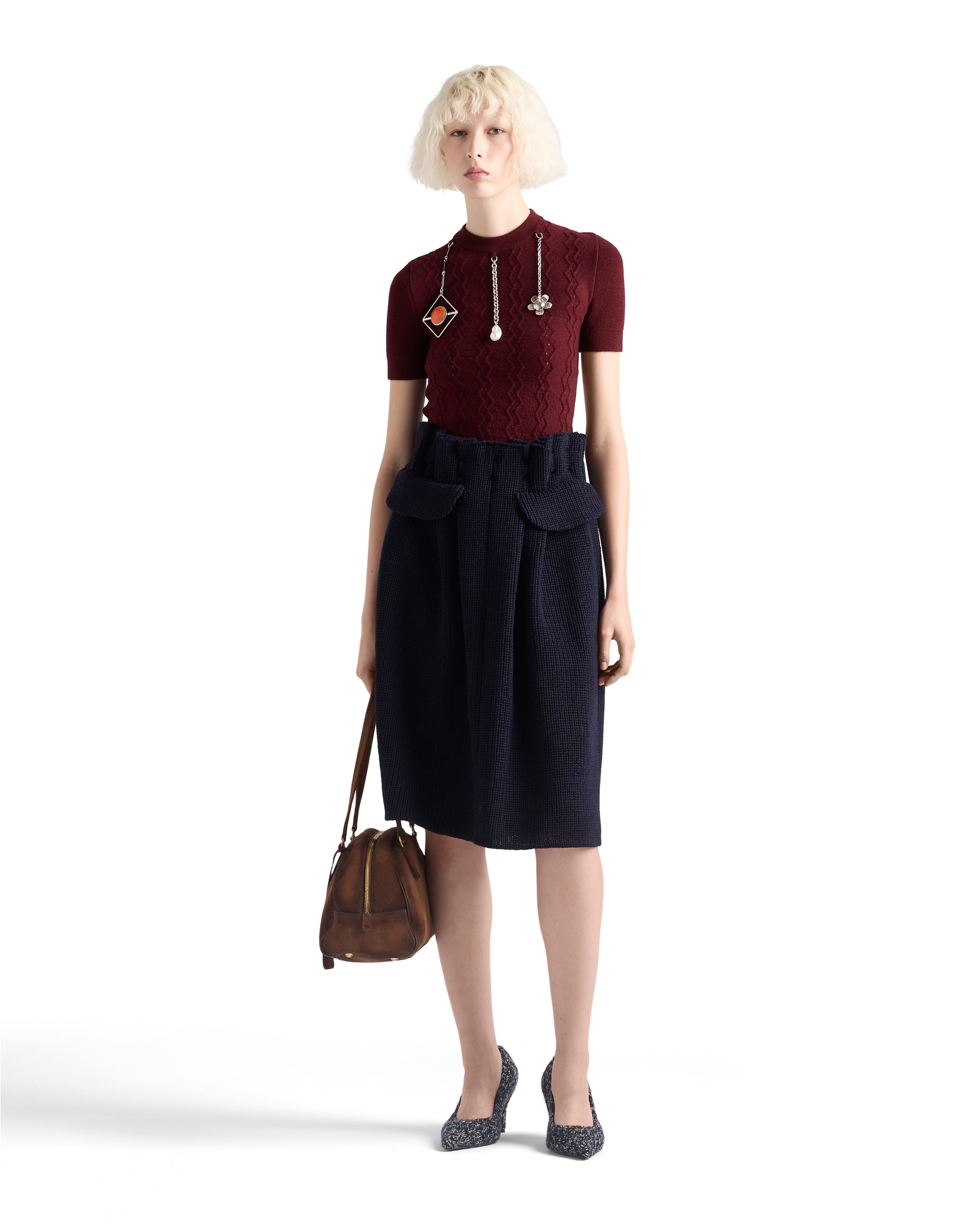 Prada Short-sleeved Wool Sweater With Pendants In Burgundy