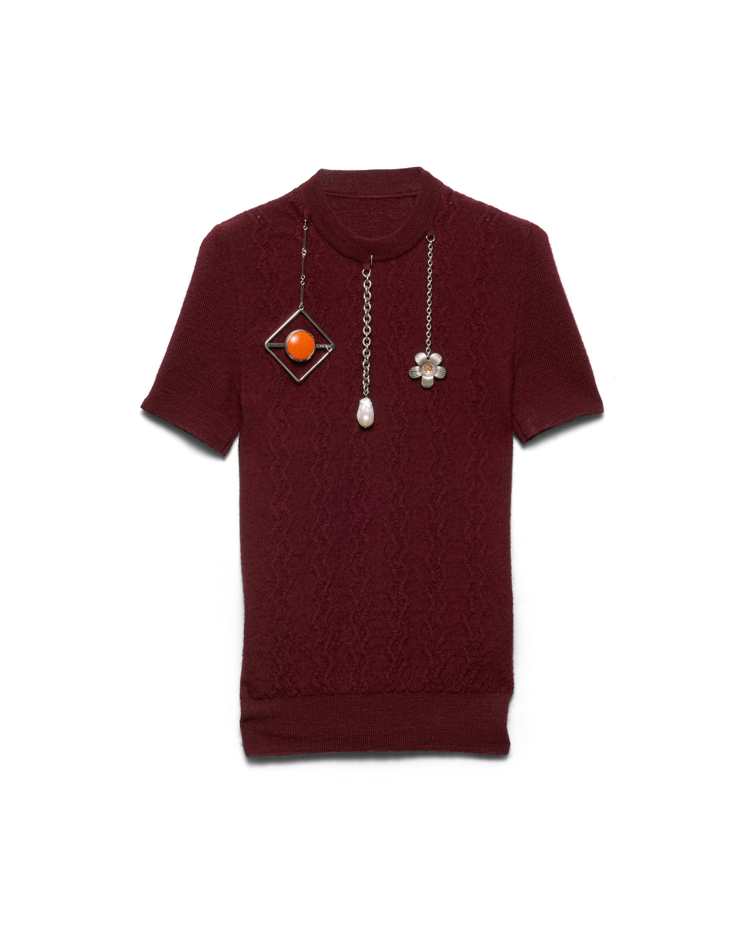 Prada Short-sleeved Wool Sweater With Pendants In Burgundy