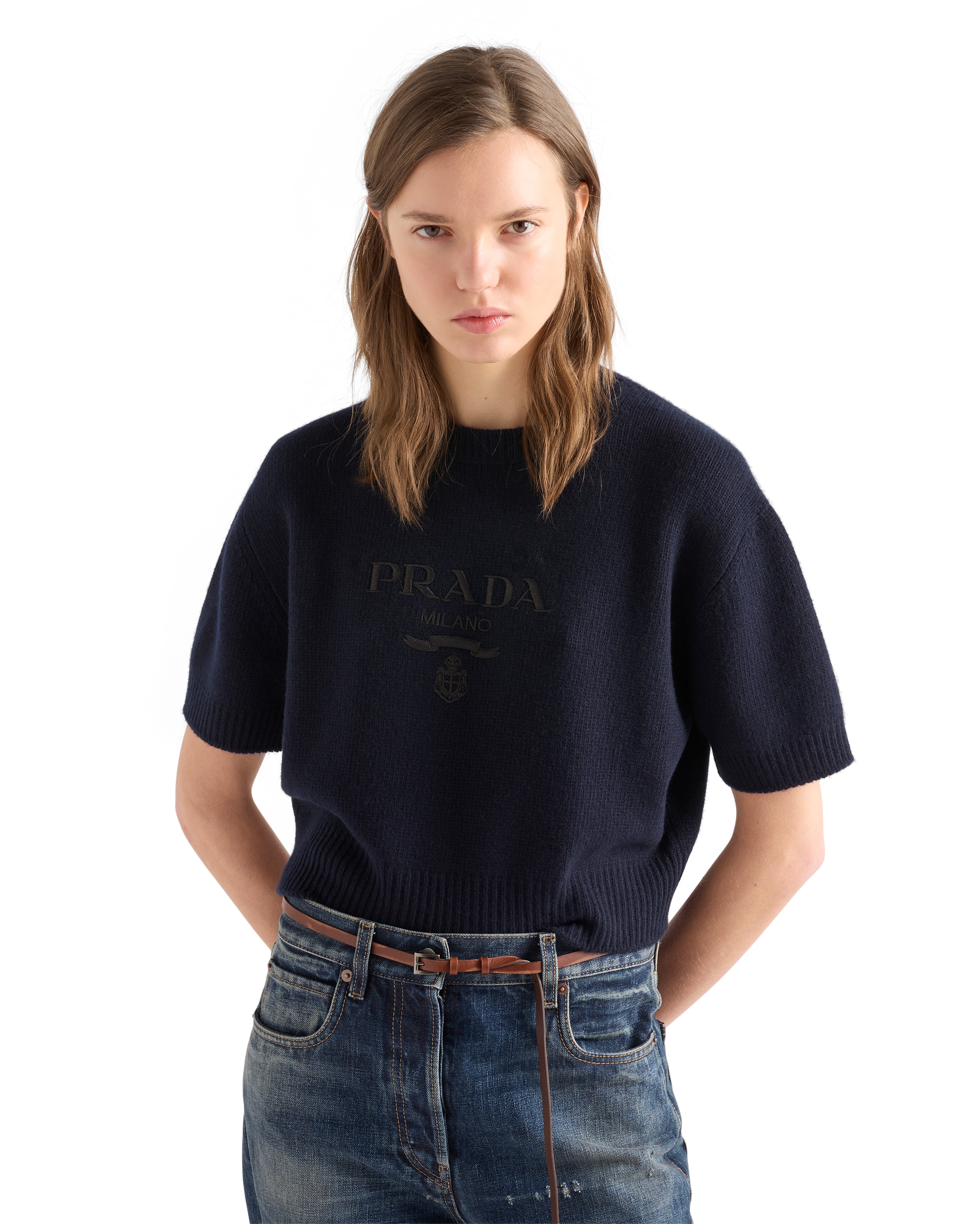 Prada Short-sleeved Knit Sweater In Blue