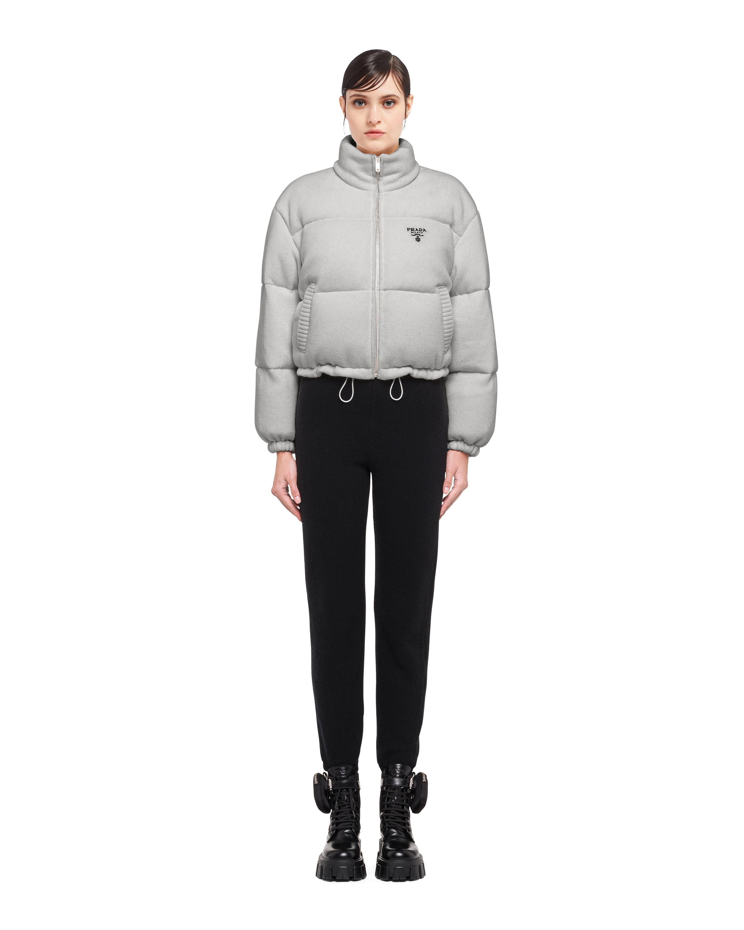 Grey Boxy wool and cashmere knit puffer jacket | Prada