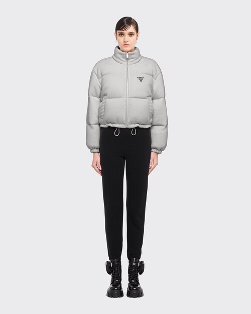 Prada Boxy Wool and Cashmere Knit Puffer Jacket, Women, Grey, Size 46