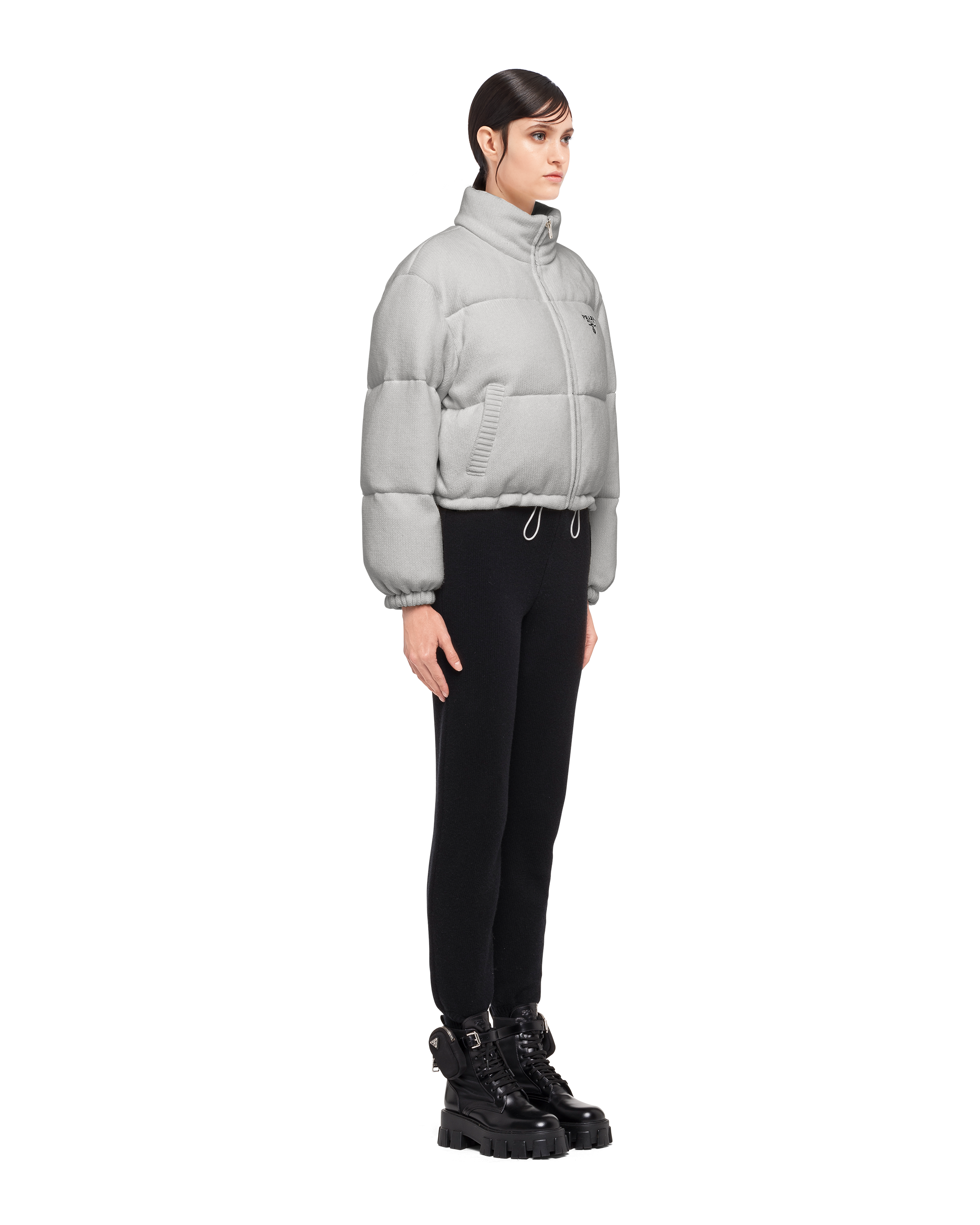 Prada Boxy Wool and Cashmere Knit Puffer Jacket, Women, Grey, Size 46