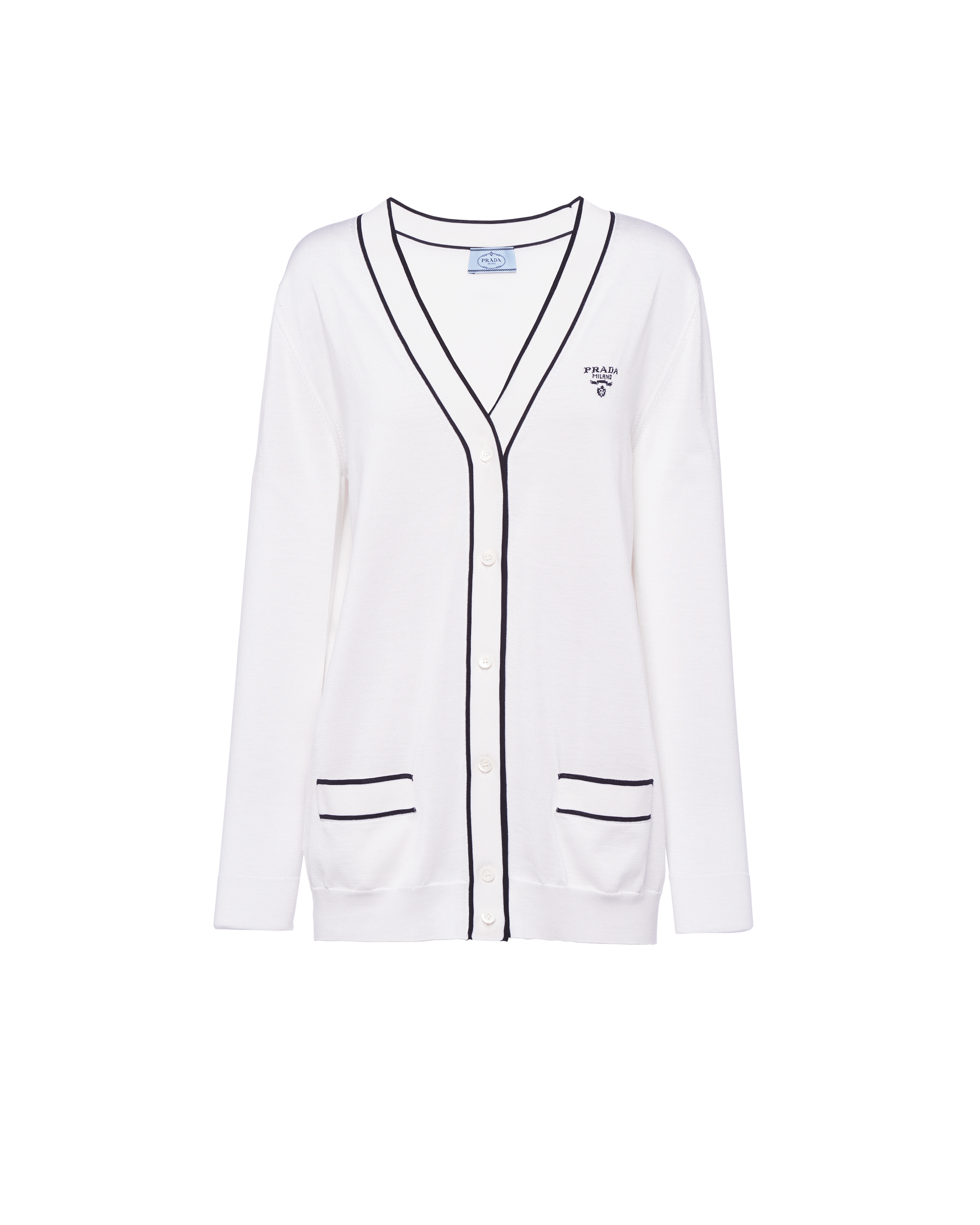 Shop Prada Silk Cardigan In White/black