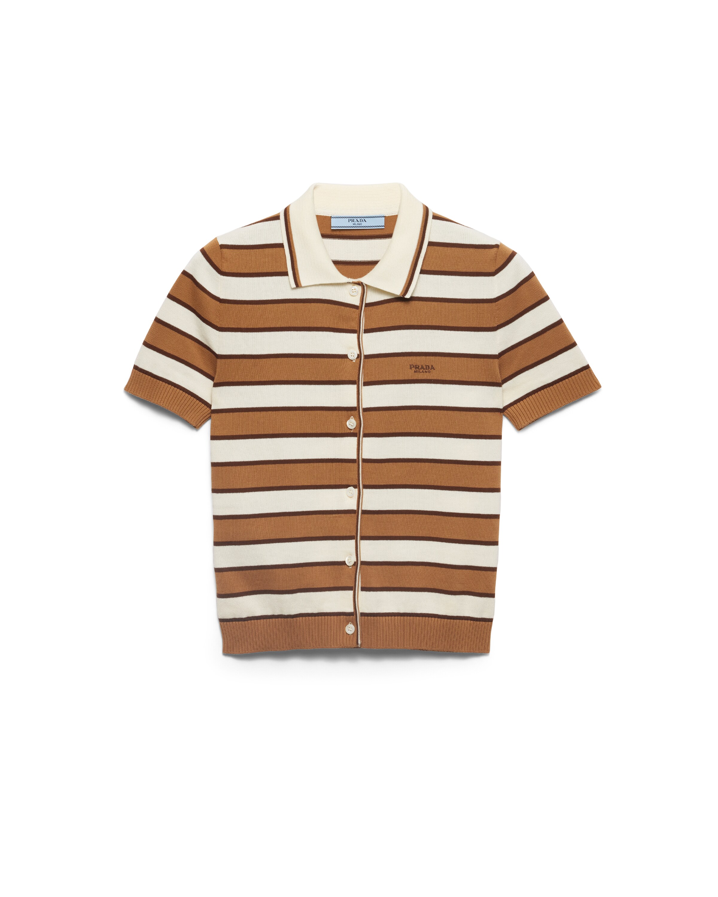 Prada Cardigan A Maniche Corte In Cotone A Righe, Donna, Cammello/naturale, Taglia 36