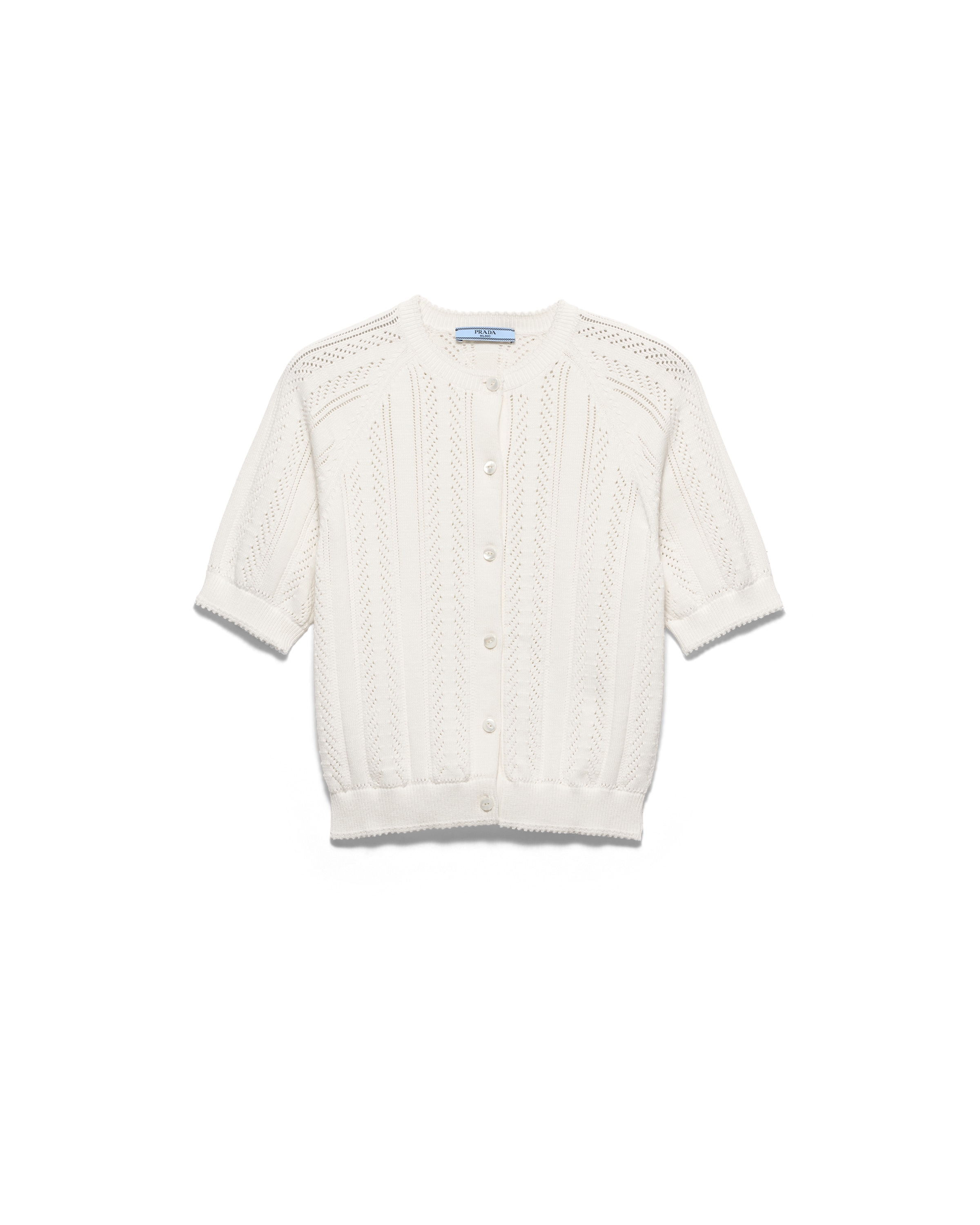 Prada Short-sleeved Openwork Cotton Cardigan In White
