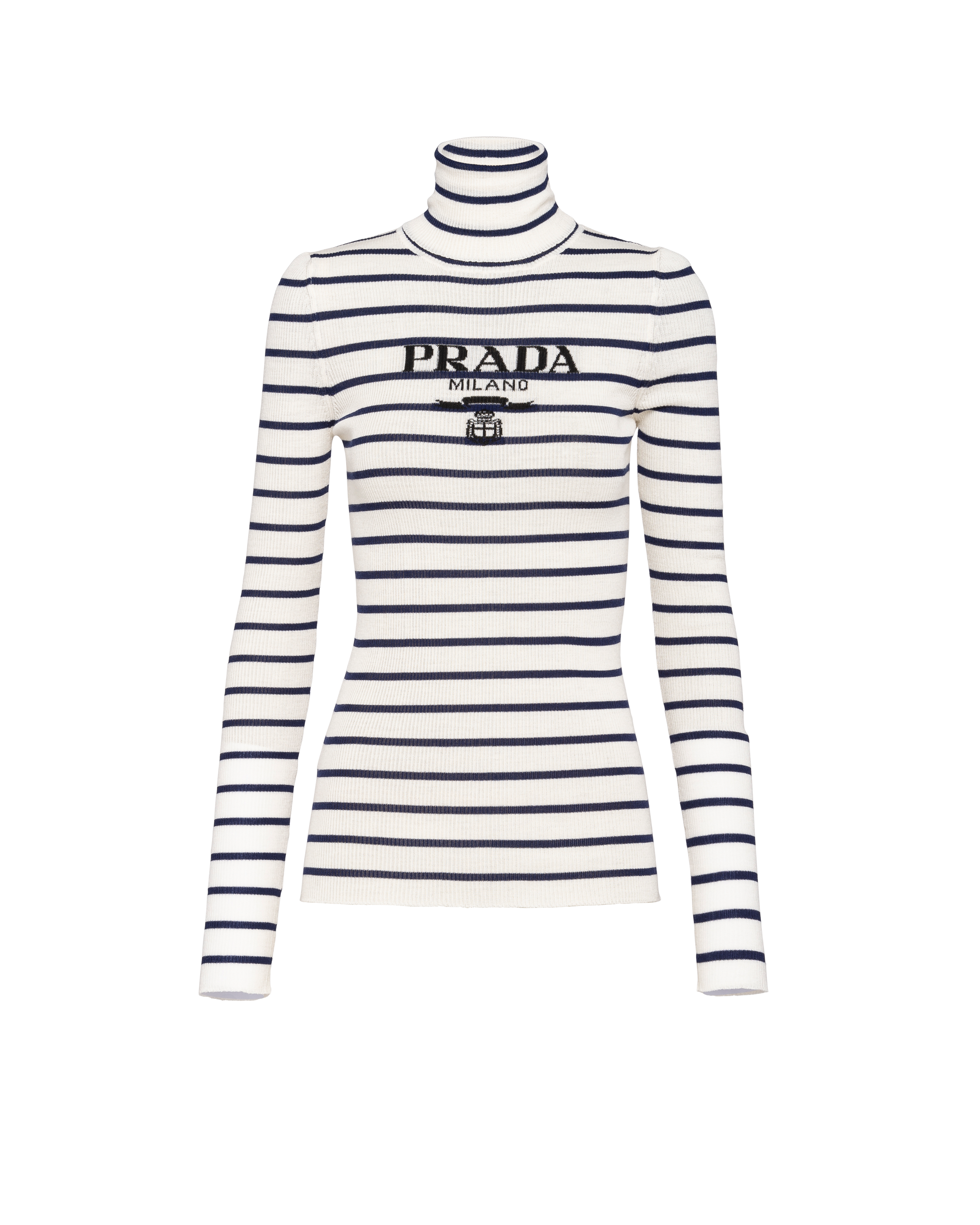 Prada Stripe Logo-intarsia Turtleneck Sweater In Ivory/navy Blue