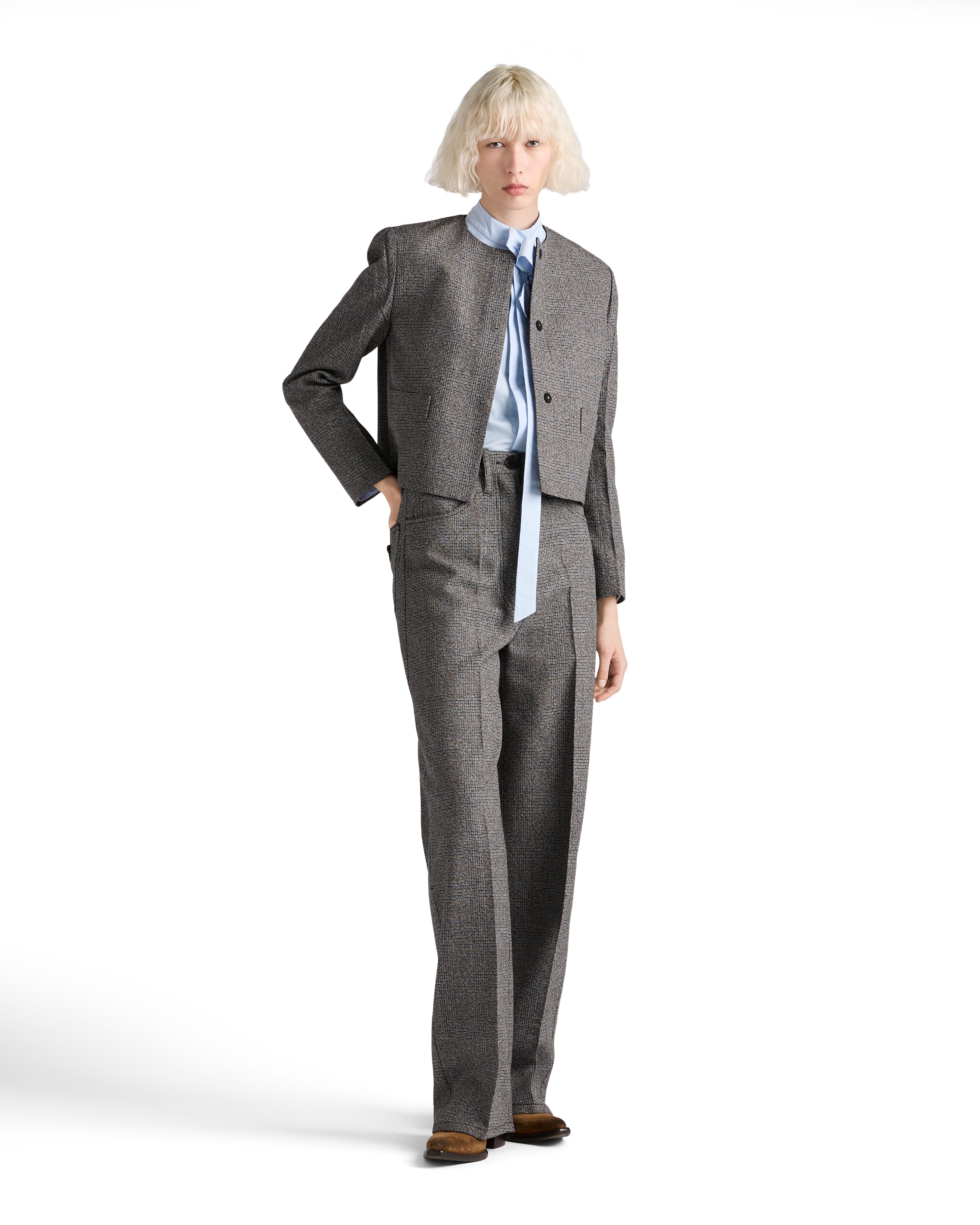 Prada Cotton-wool Prince Of Wales Tailored Trousers In Gray