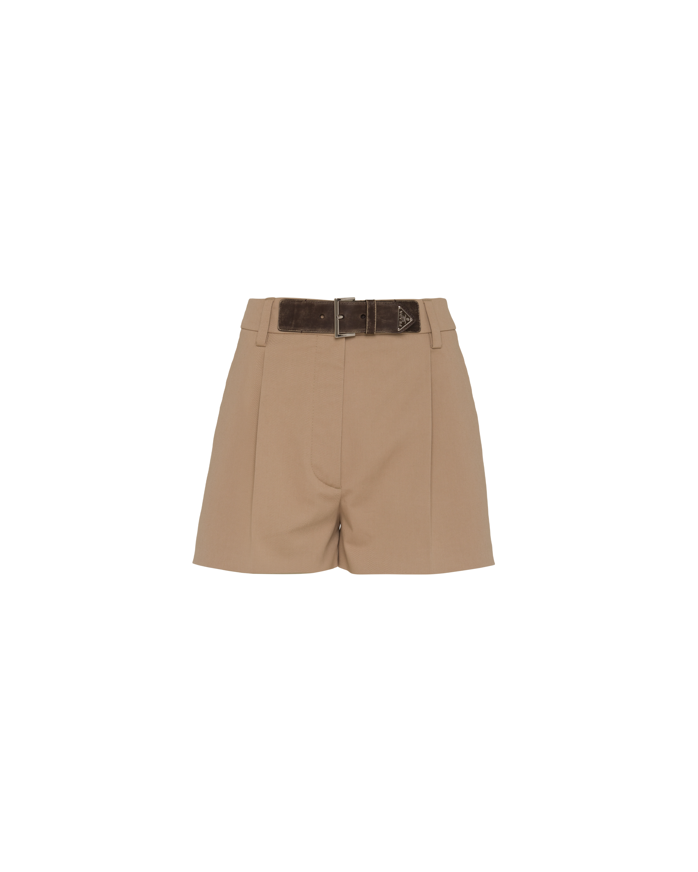 Prada Gabardine Belted Shorts In Khaki