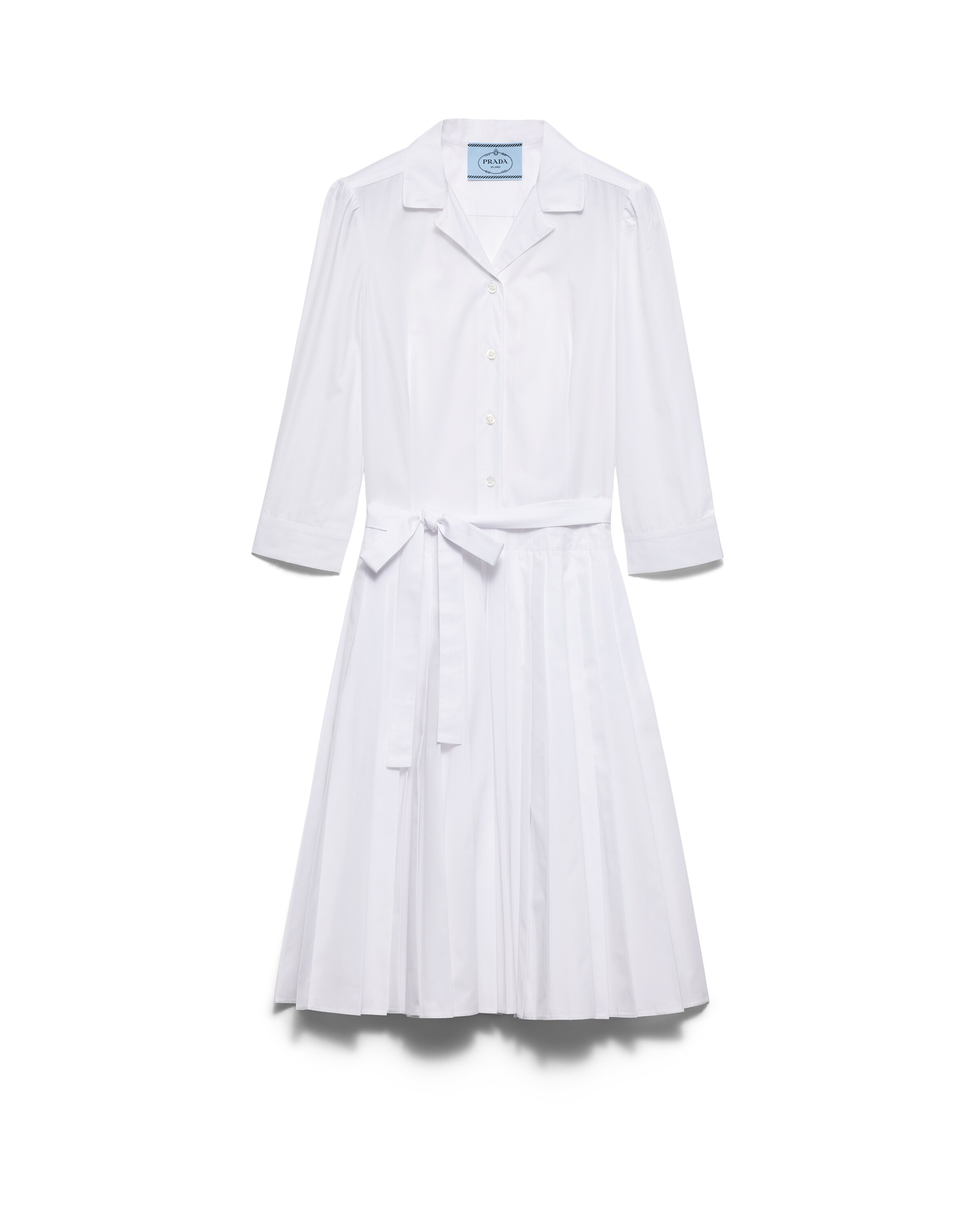Prada Abito Chemisier Plissè In Popeline, Donna, Bianco, Taglia 42