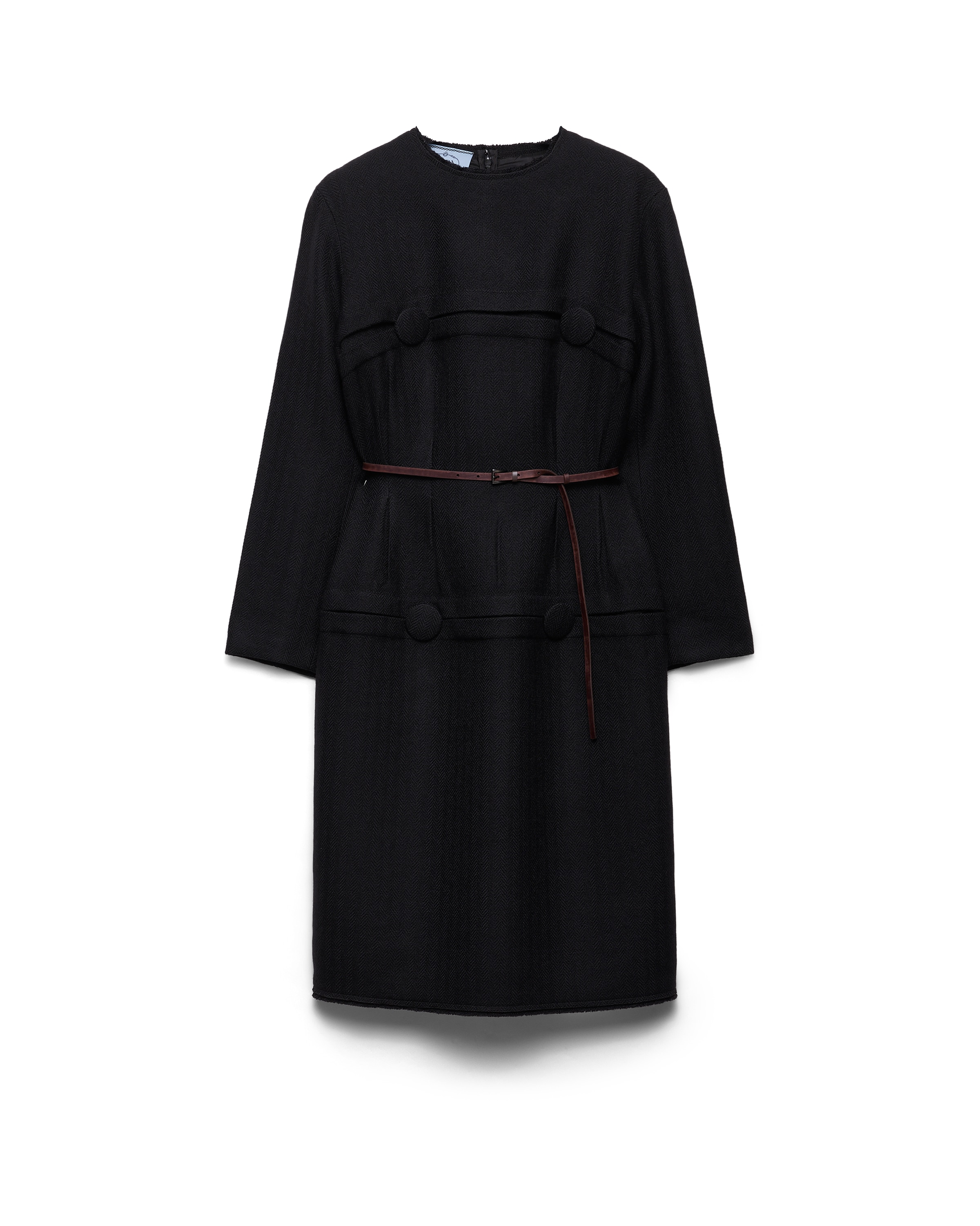 Prada Robe En Laine À Chevrons Avec Ceinture, Femme, Noir, Taille 36