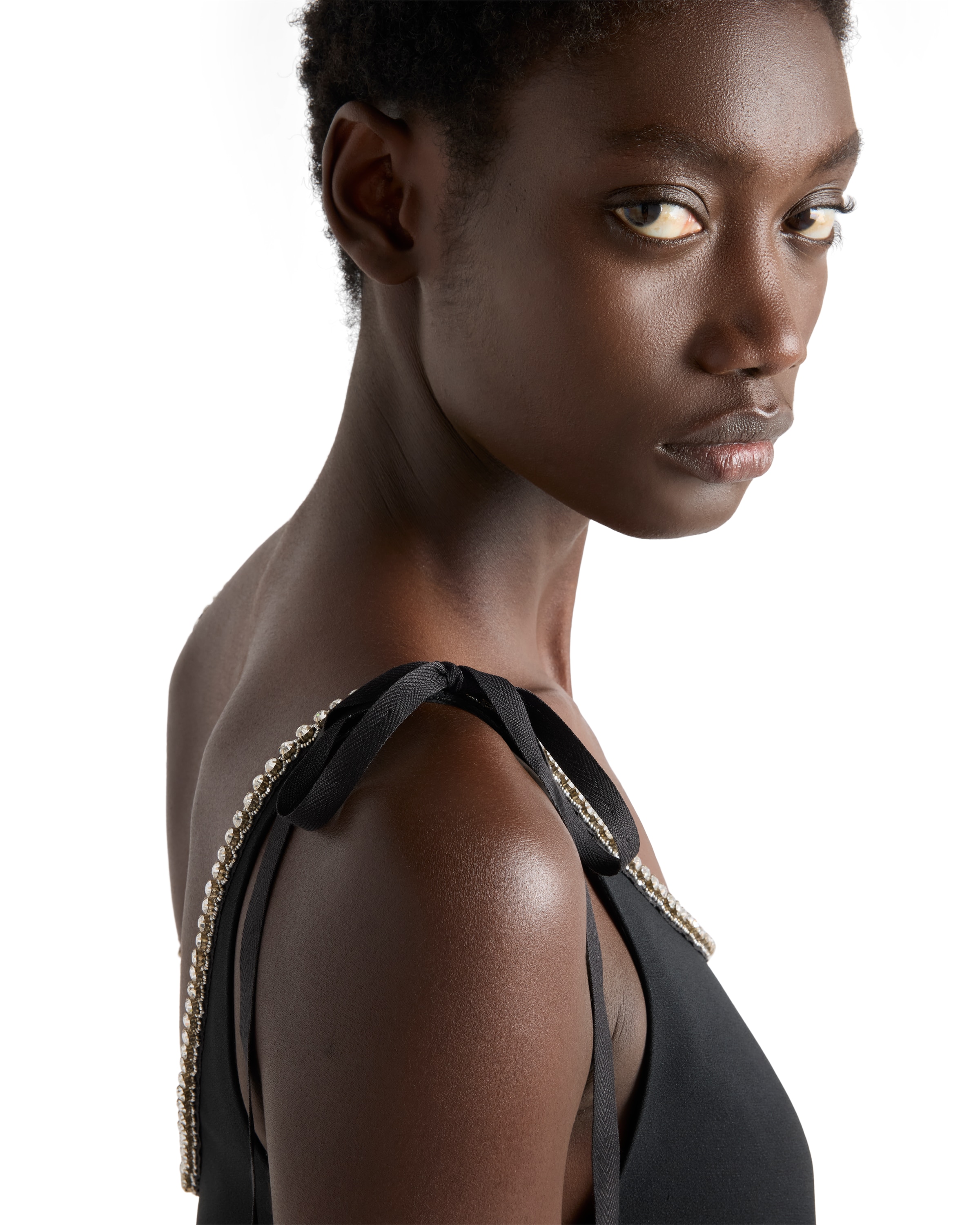 Prada Womens Black Crystal-embellished Scoop-neck Woven Mini Dress In Black