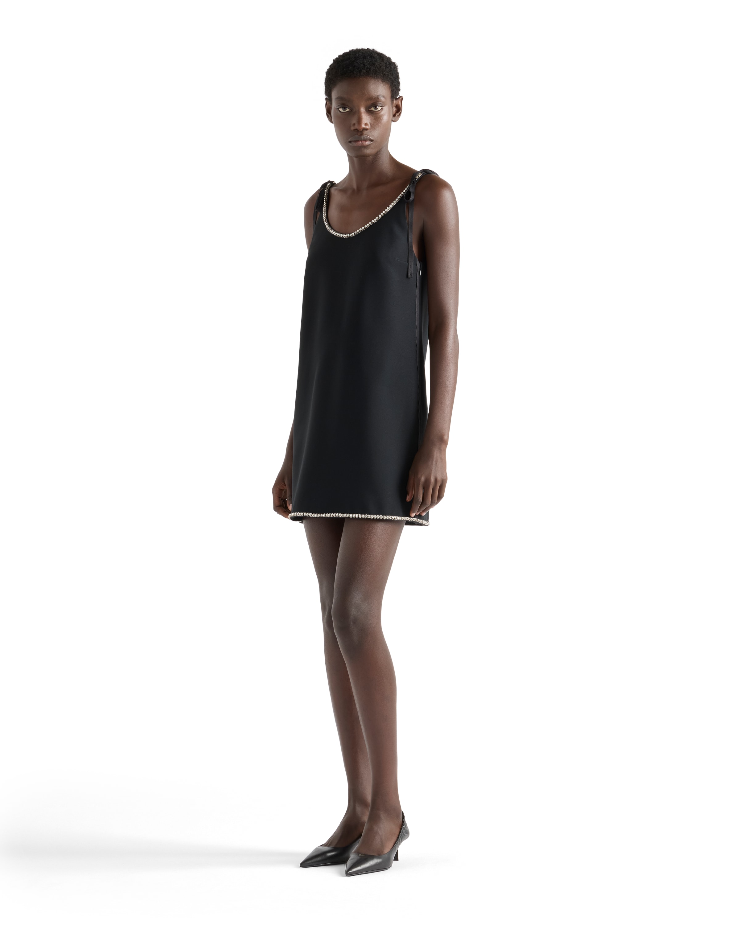 Prada Womens Black Crystal-embellished Scoop-neck Woven Mini Dress In Black