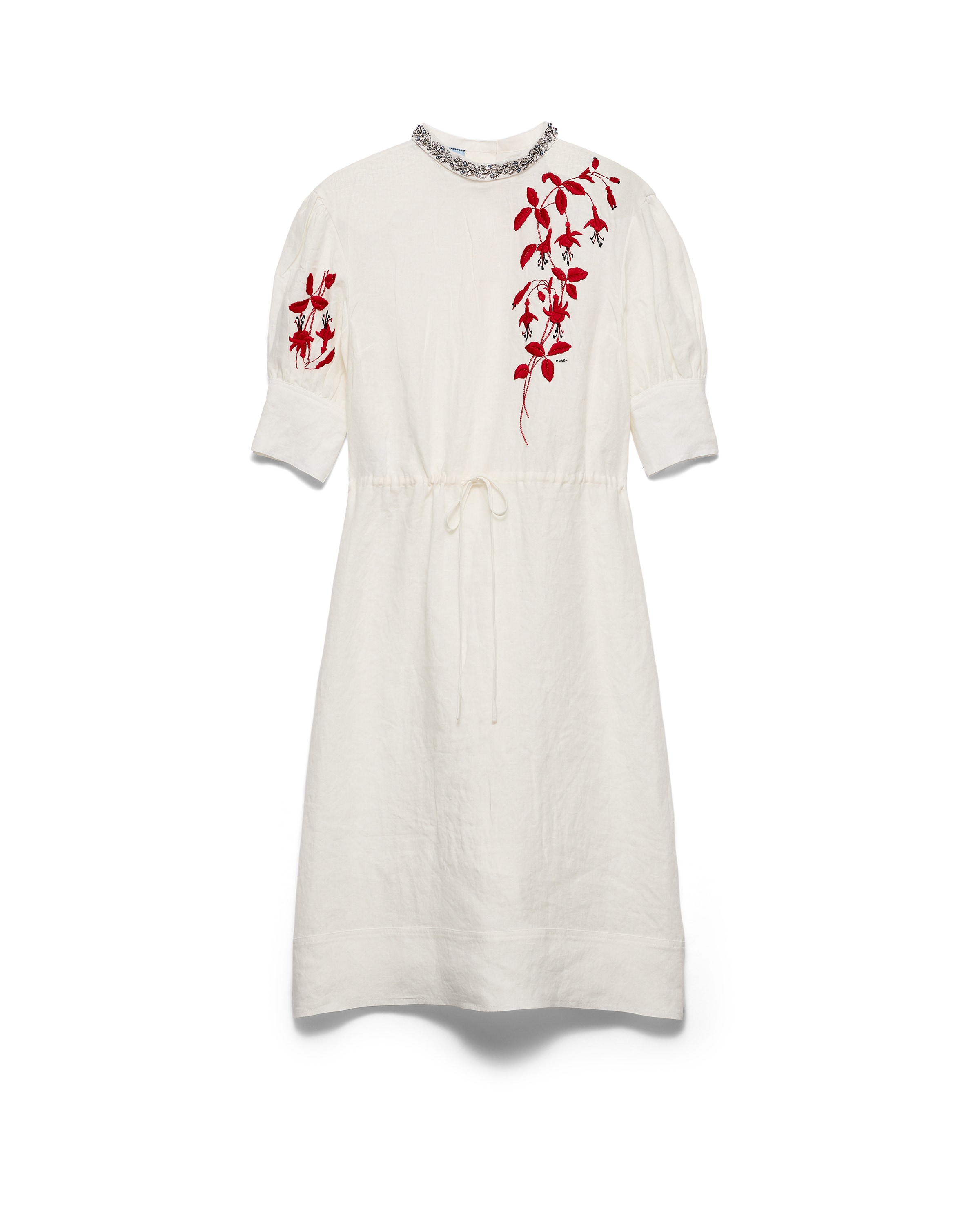 Prada Besticktes Kleid Aus Toile Fiammato In Elfenbein/burgunderrot