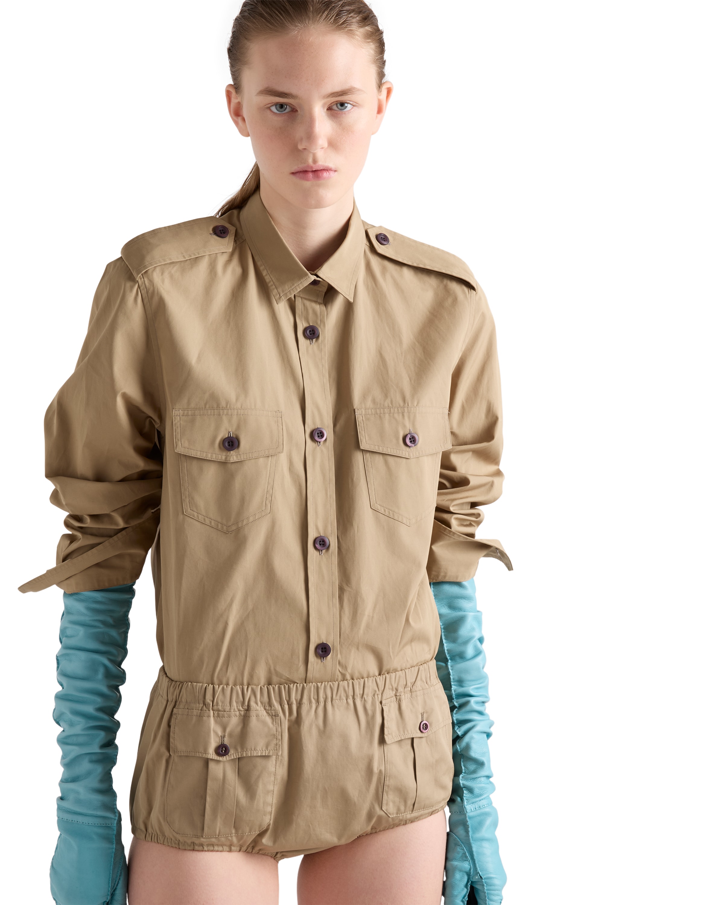 Prada Cotton Poplin Shirt Tailored Collar Button Epaulettes In Brown