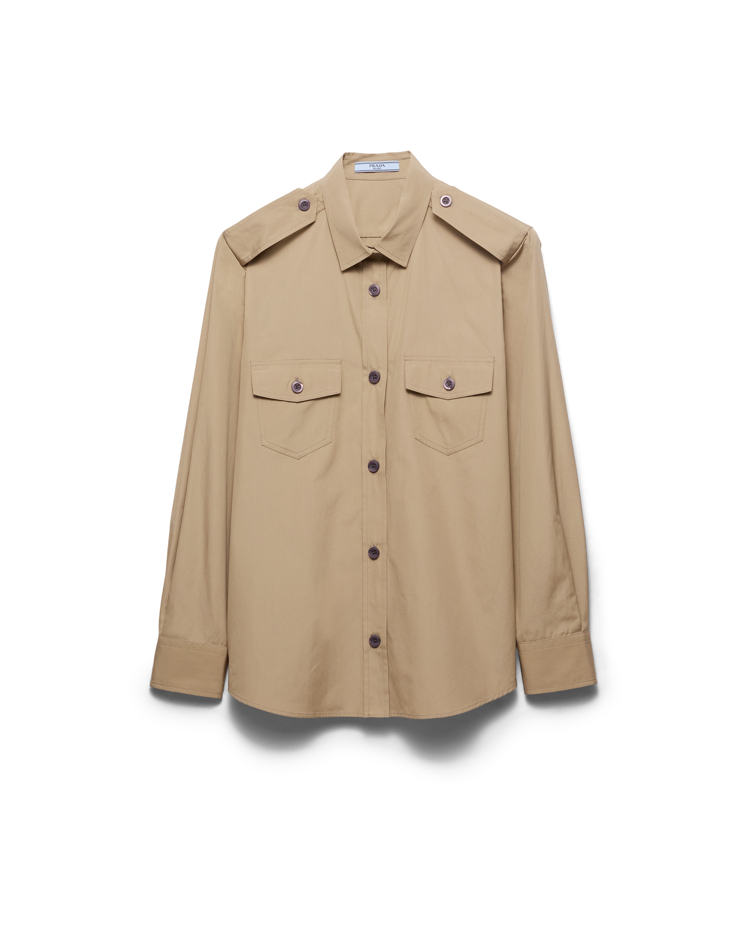 Prada Cotton Poplin Shirt Tailored Collar Button Epaulettes In Brown