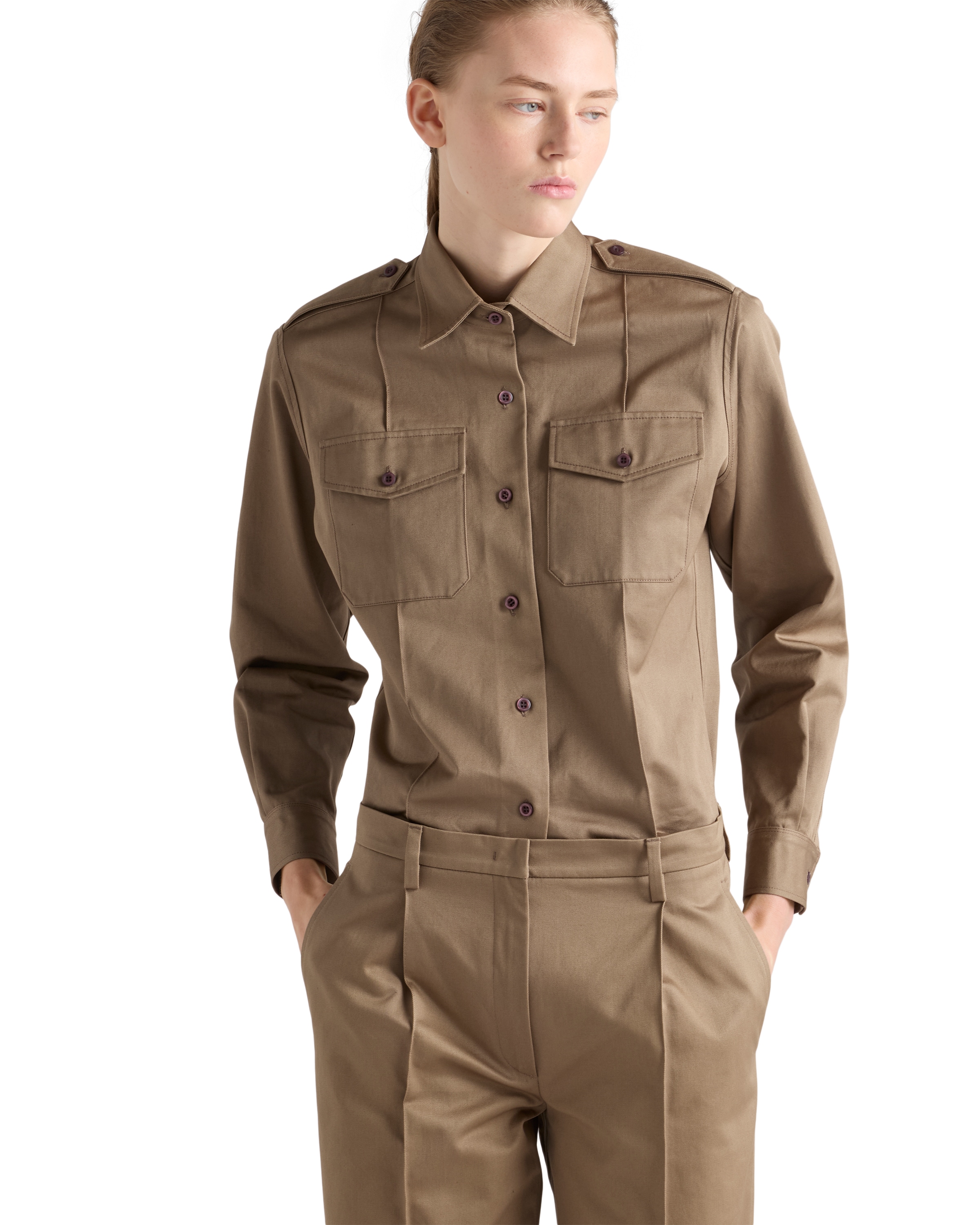 Prada Cotton Poplin Shirt Tailored Collar Button Epaulettes In Brown