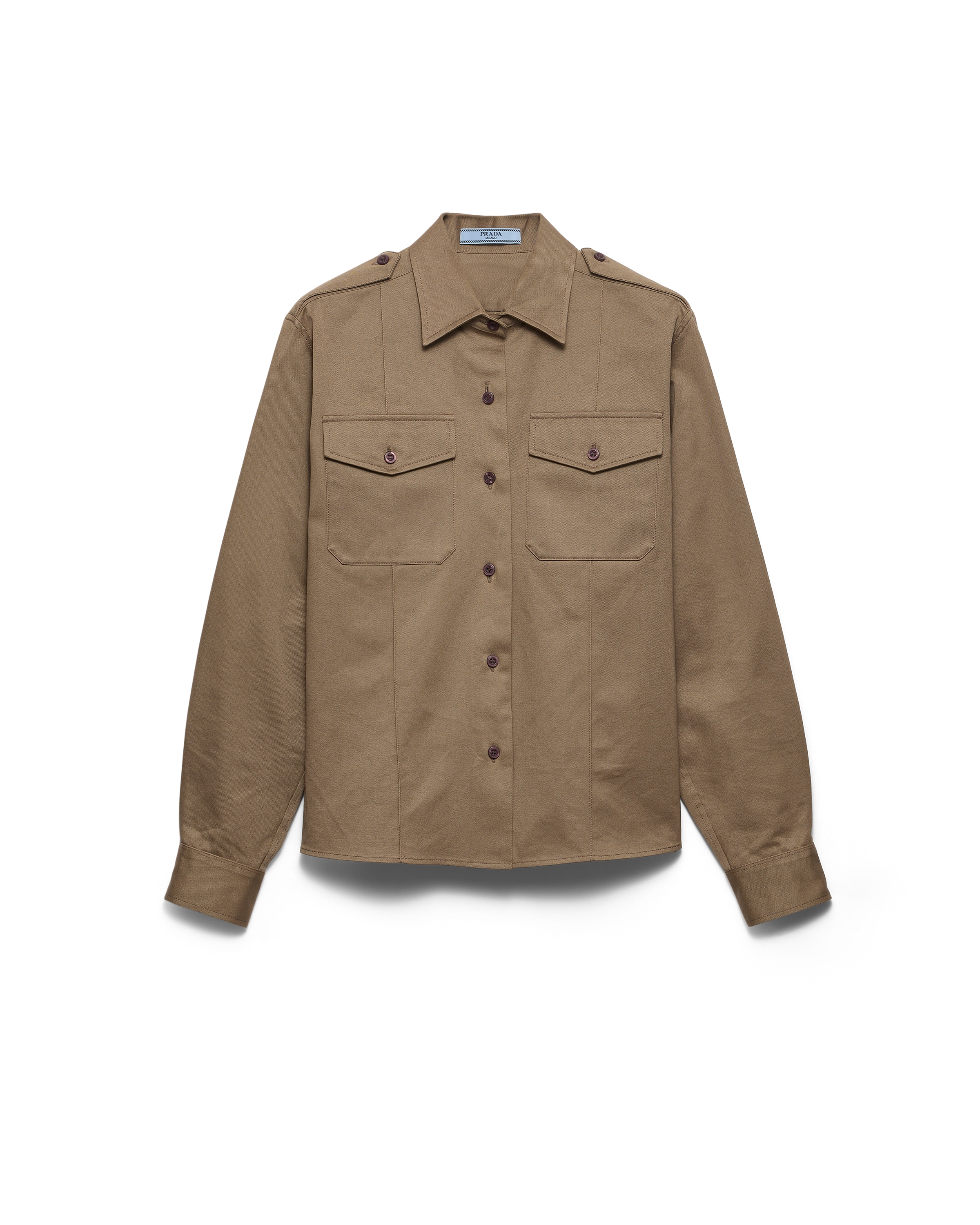 Prada Cotton Poplin Shirt Tailored Collar Button Epaulettes In Brown