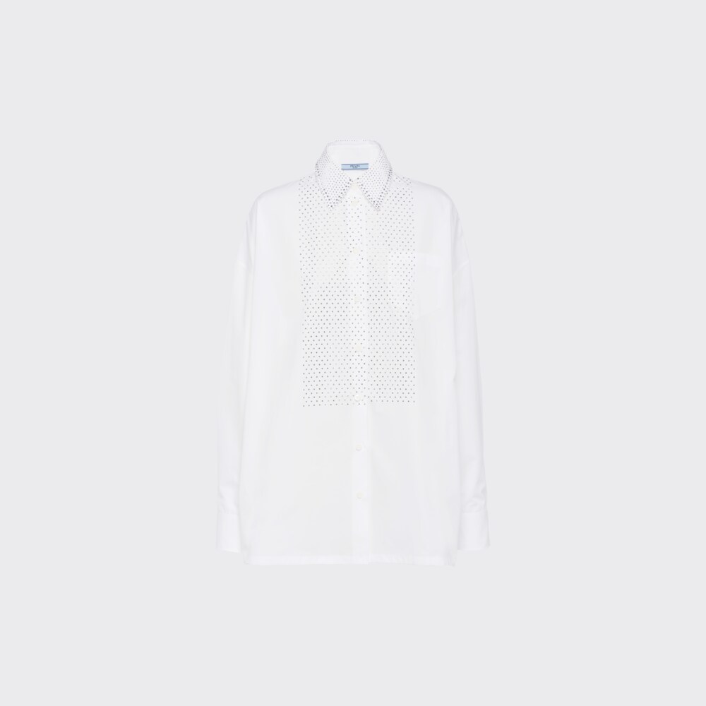 White Rhinestone-studded poplin shirt | Prada