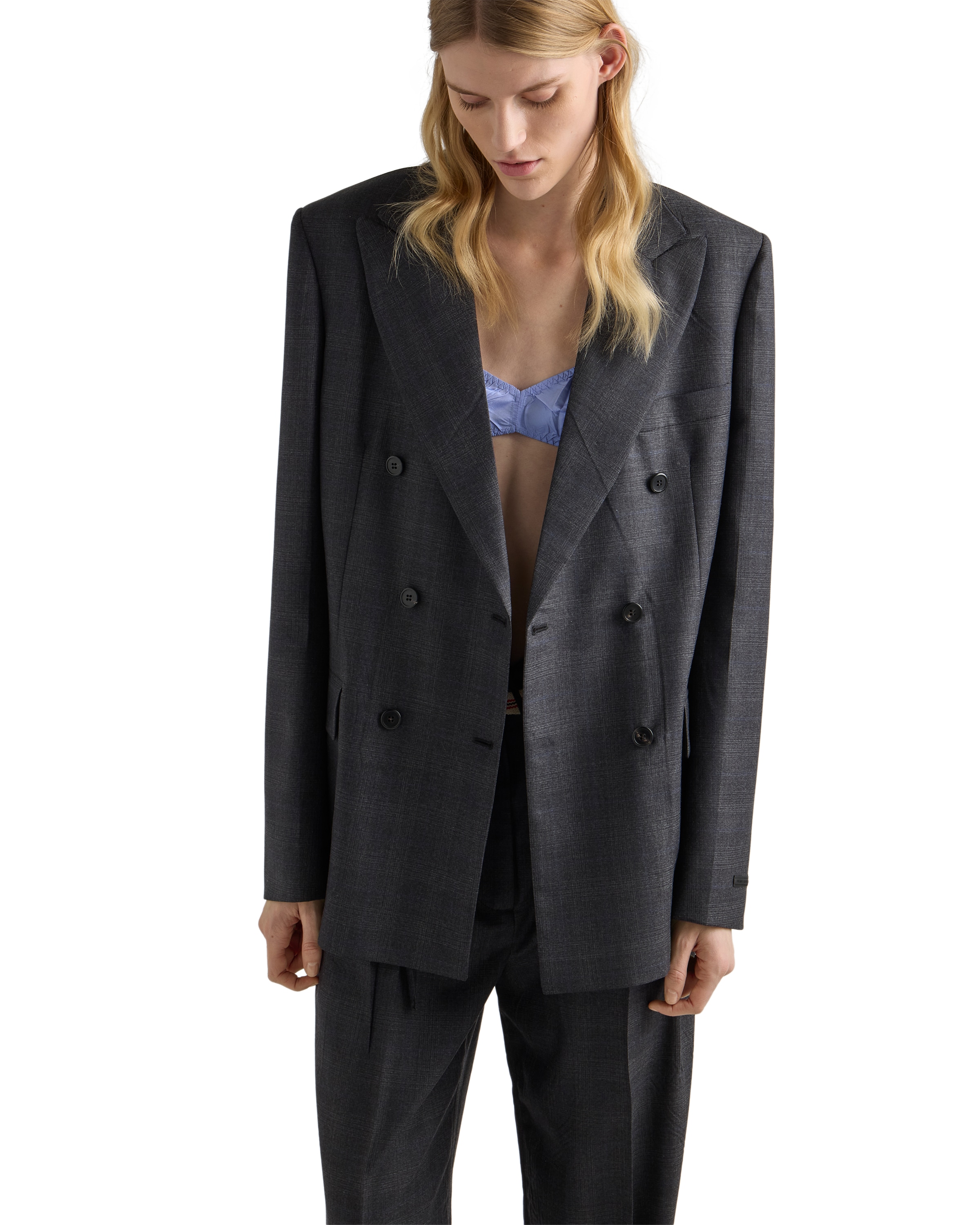 Prada Double-breasted Wool Jacket With Check Pattern In Gray