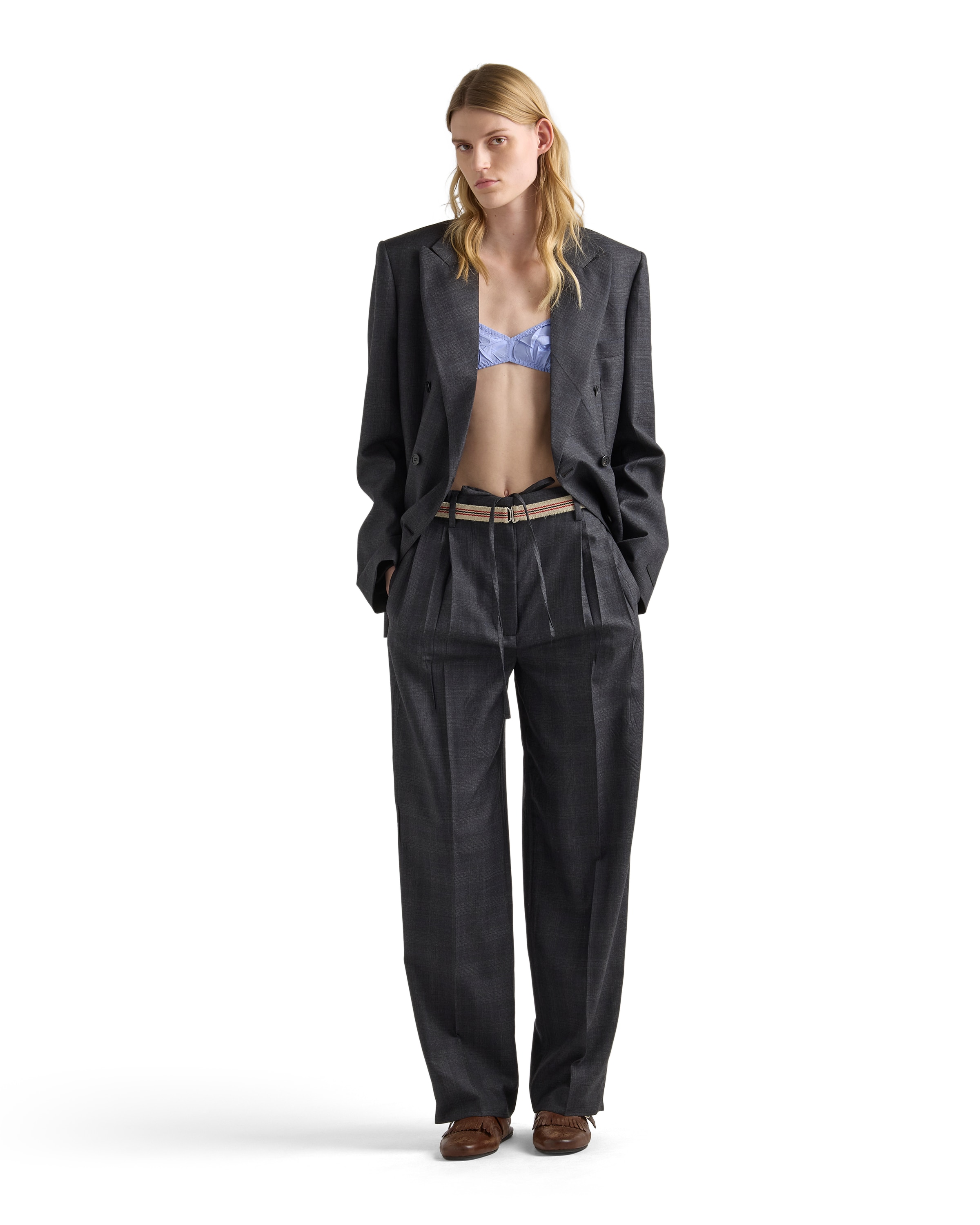 Prada Double-breasted Wool Jacket With Check Pattern In Gray