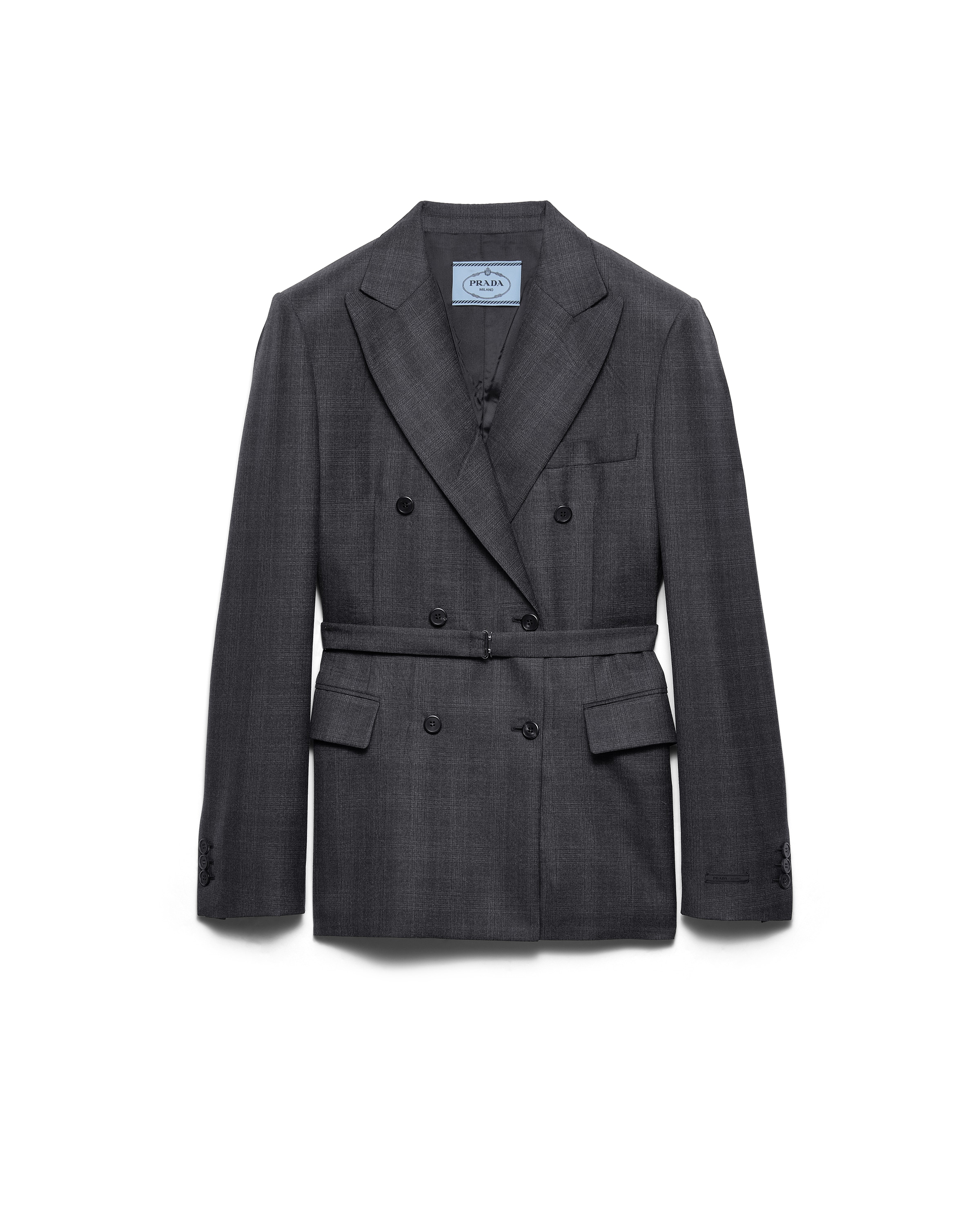 Prada Double-breasted Wool Jacket With Check Pattern In Gray