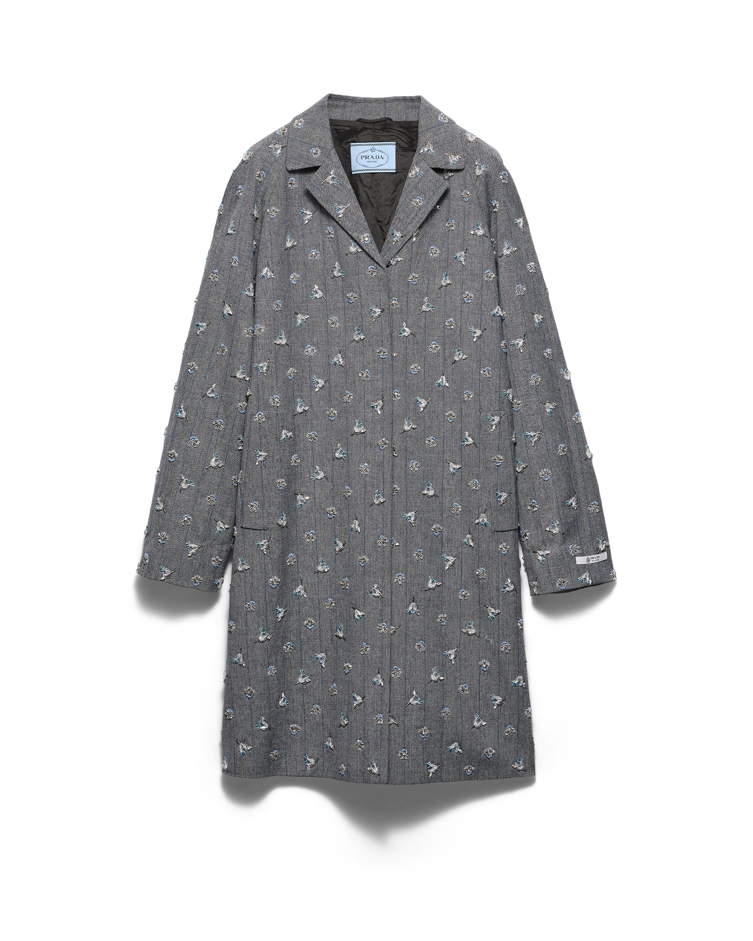 Prada Abrigo De Botonadura Simple Con Bordado De Rayas Diplomáticas, Mujer, Gris Antracita, Talla 38