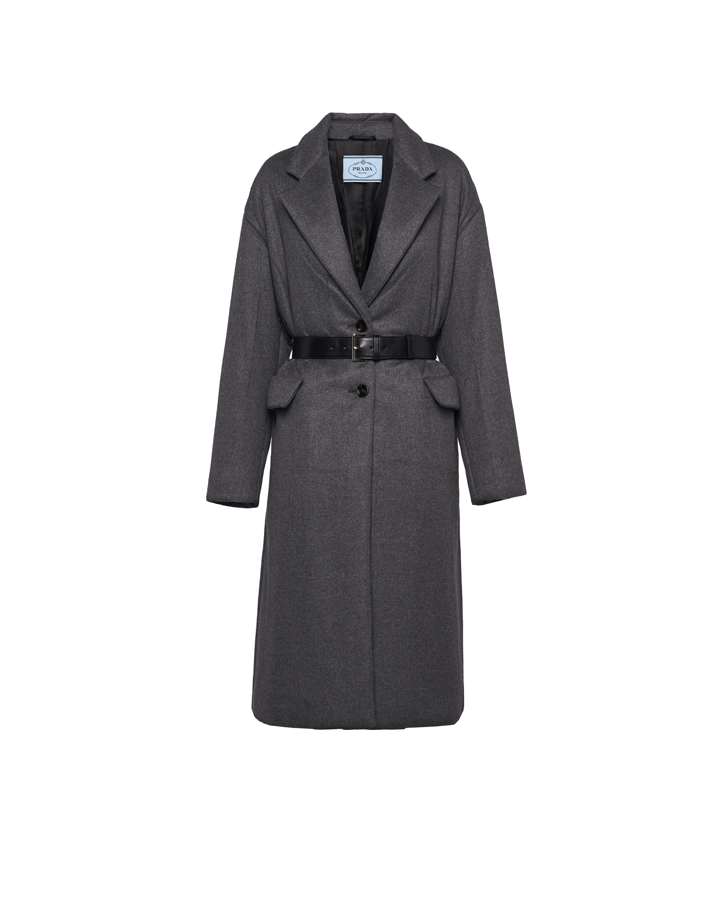 Shop Prada Single-breasted Belted Cashmere Coat In Slate Gray