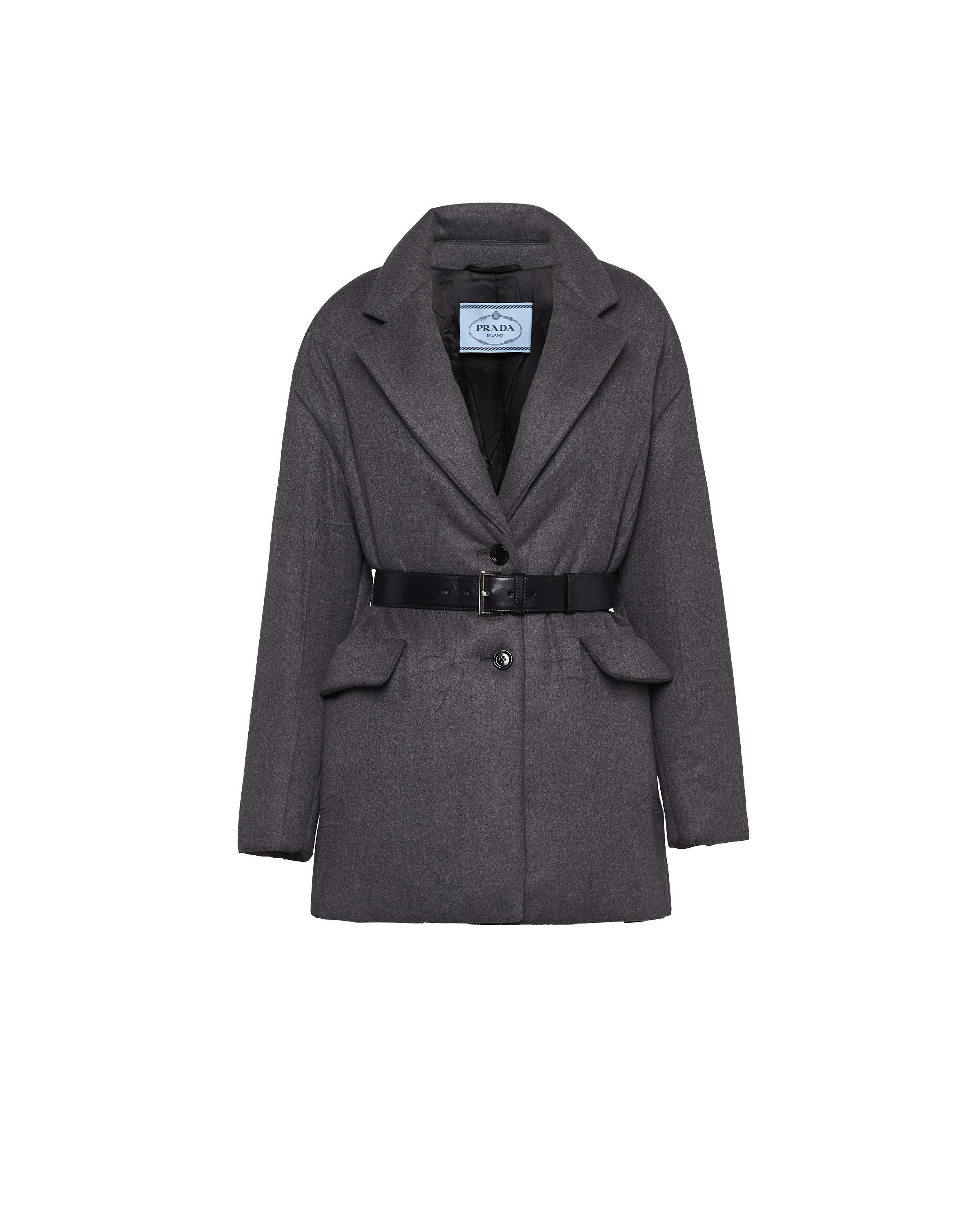 Prada Single-breasted Belted Cashmere Padded Jacket In Slate Gray