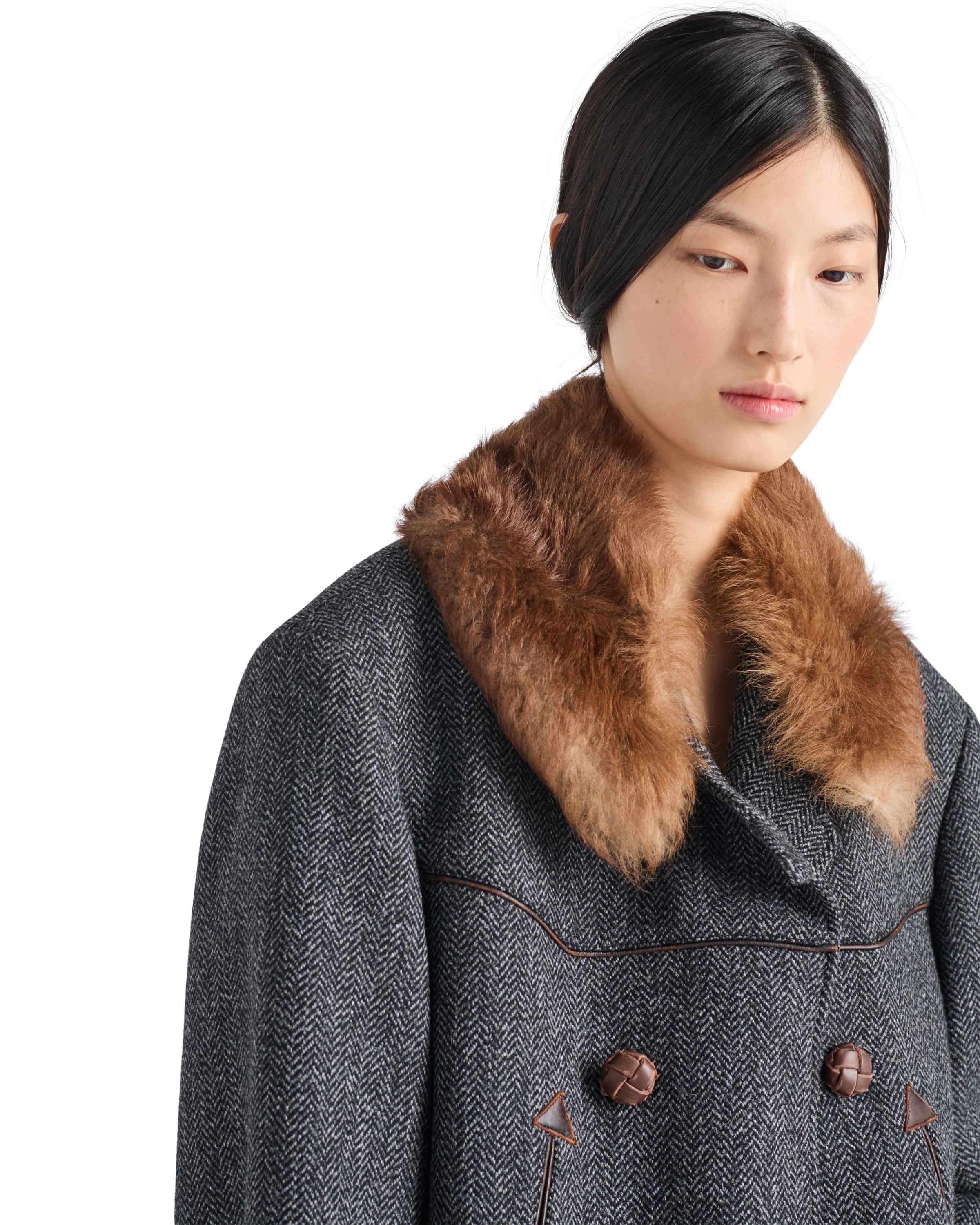 Prada Herringbone Shearling-collar Double-breasted Coat