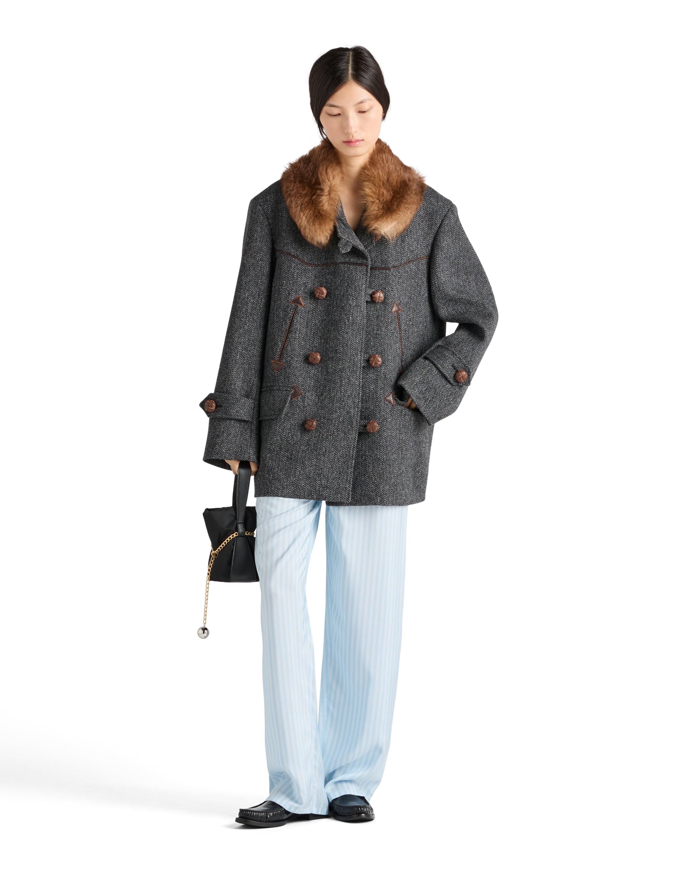 Prada Herringbone Shearling-collar Double-breasted Coat