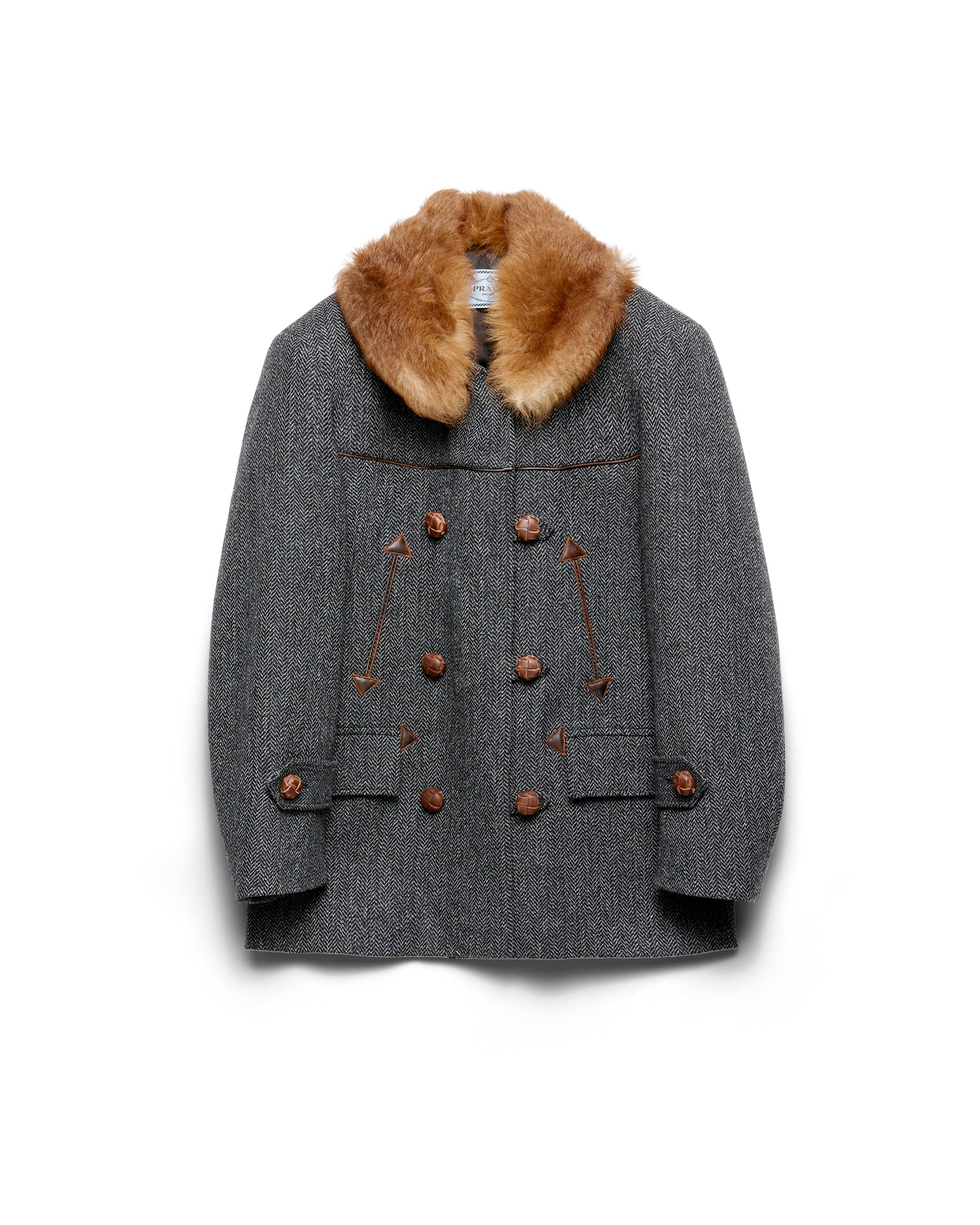 Prada Herringbone Shearling-collar Double-breasted Coat