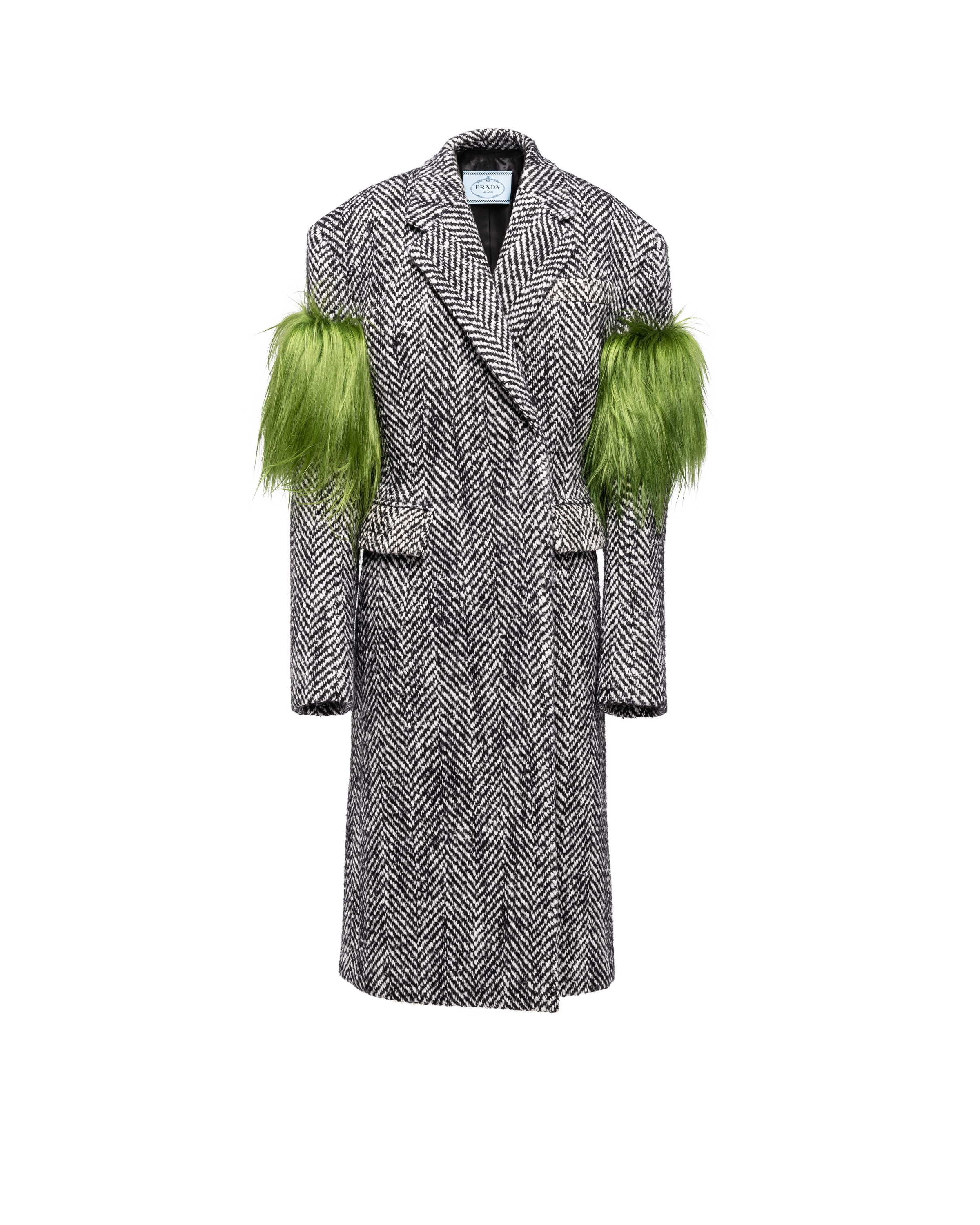Prada Double-breasted Chevron And Shearling Coat In Black