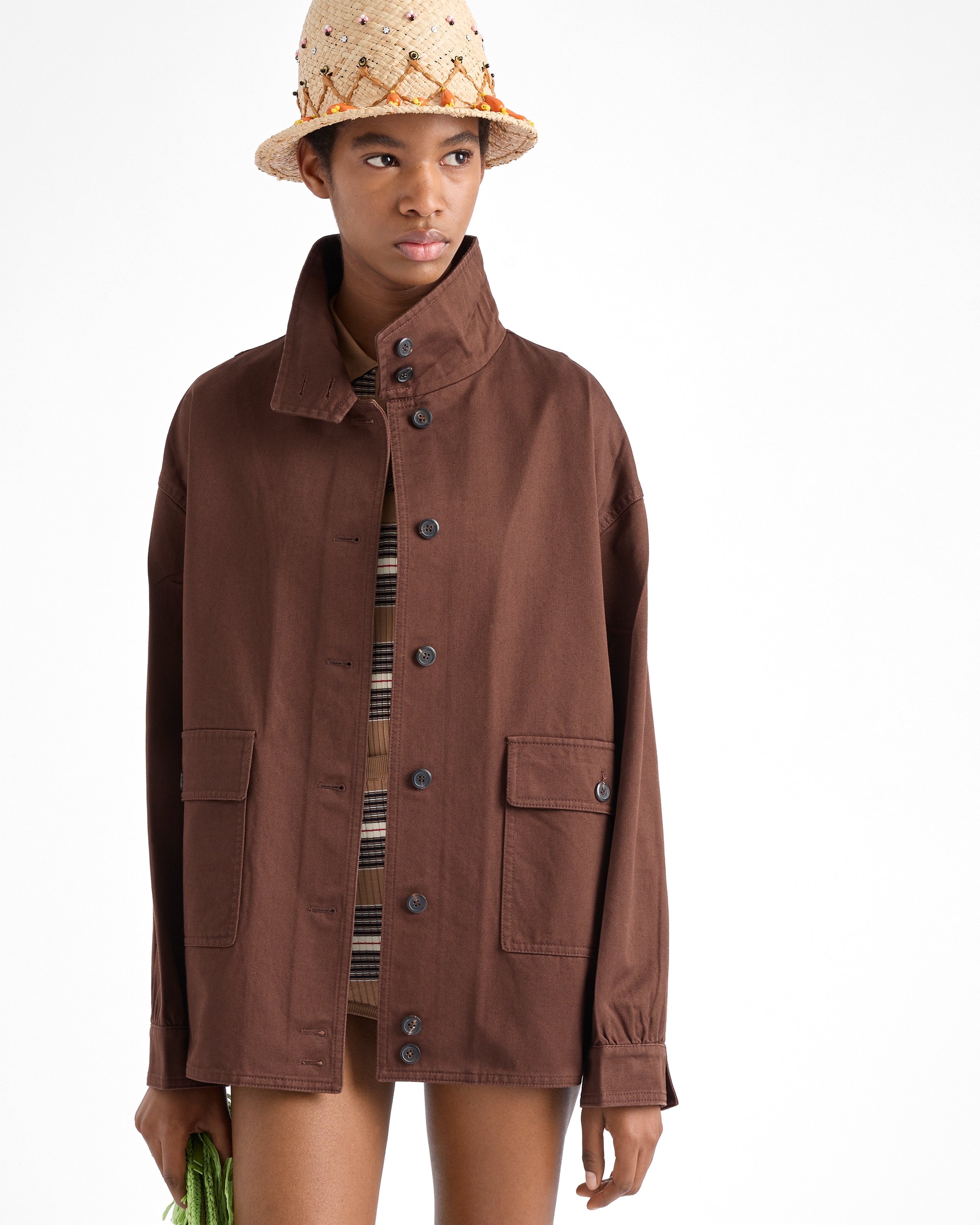 Prada Brown High Neck Jacket In Brown
