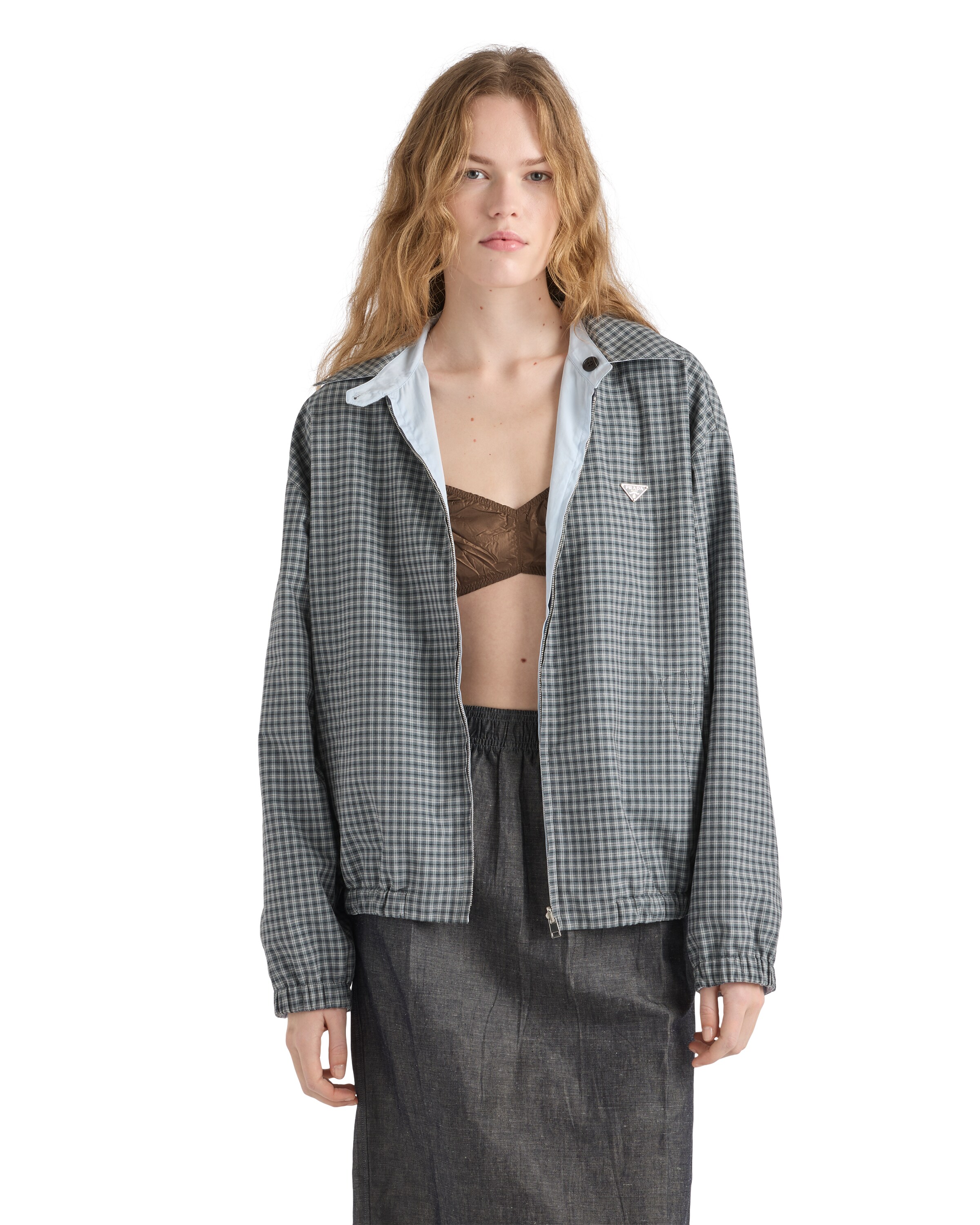 Prada Reversible Light Blue Jacket With Check Pattern In Gray
