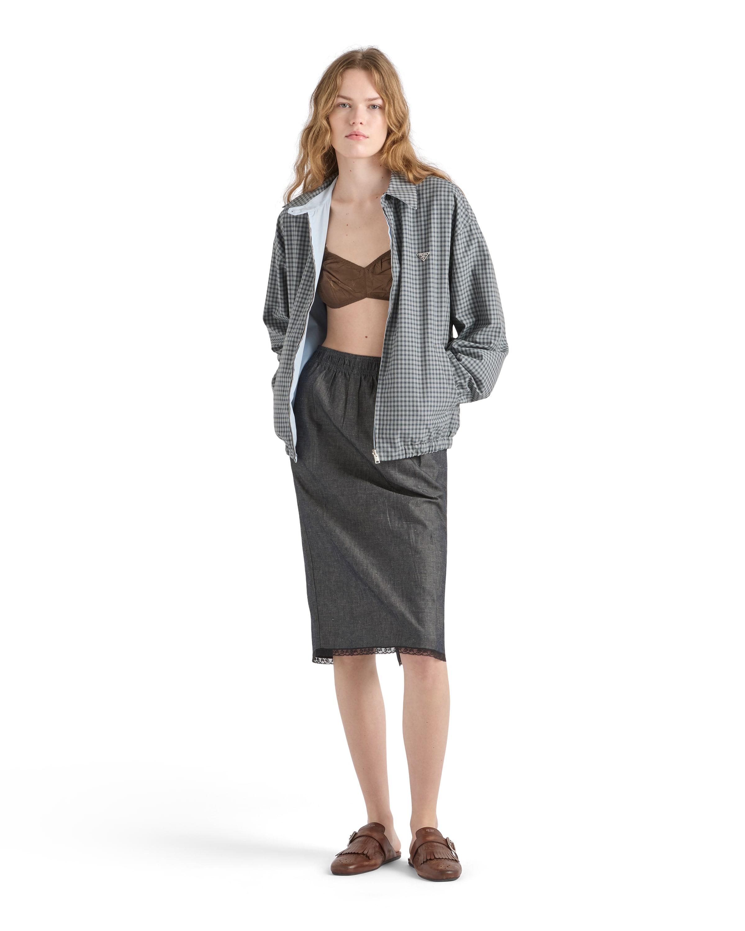 Prada Reversible Light Blue Jacket With Check Pattern In Gray