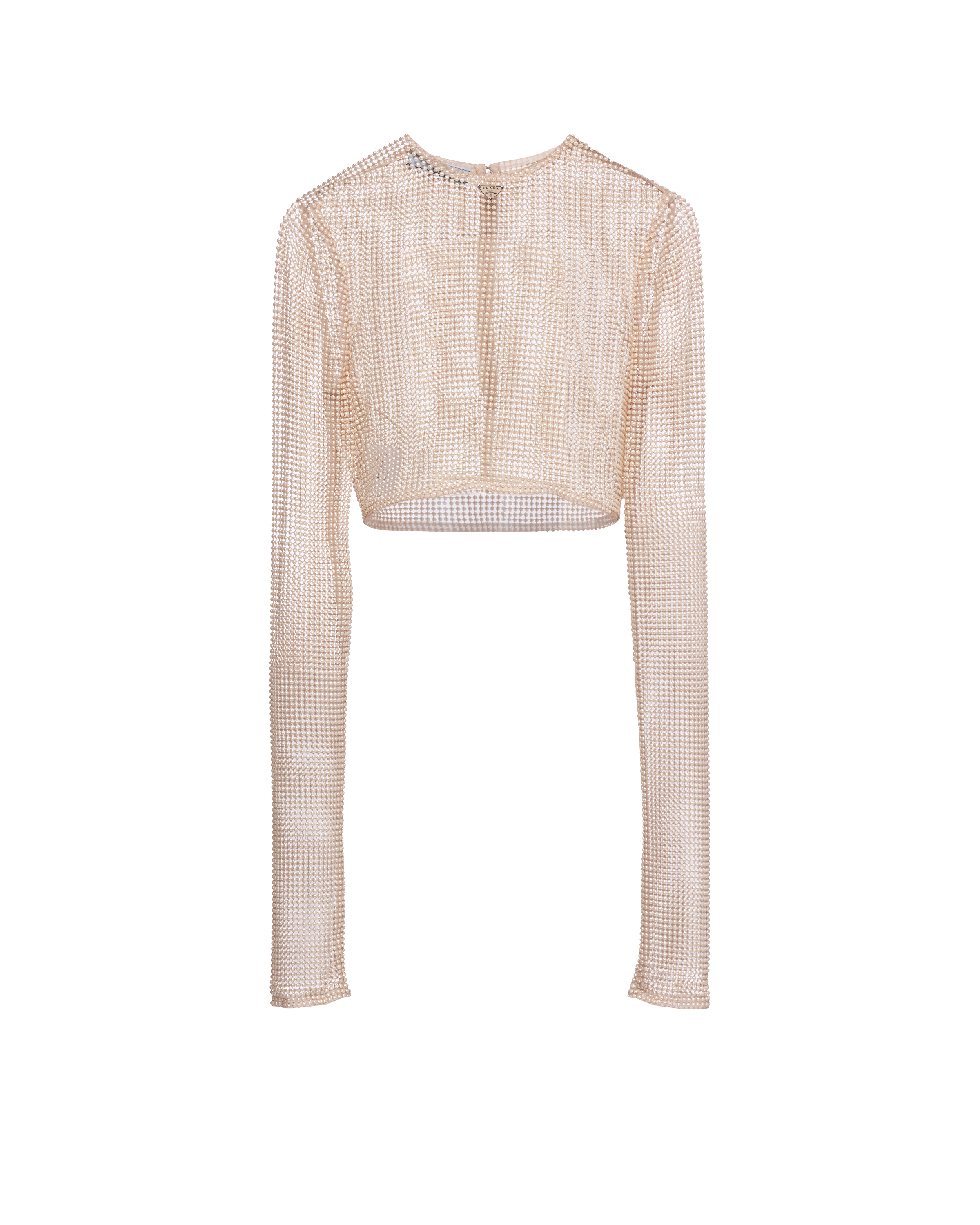 Prada Mesh Top With Embroidered Pearls In Ivory