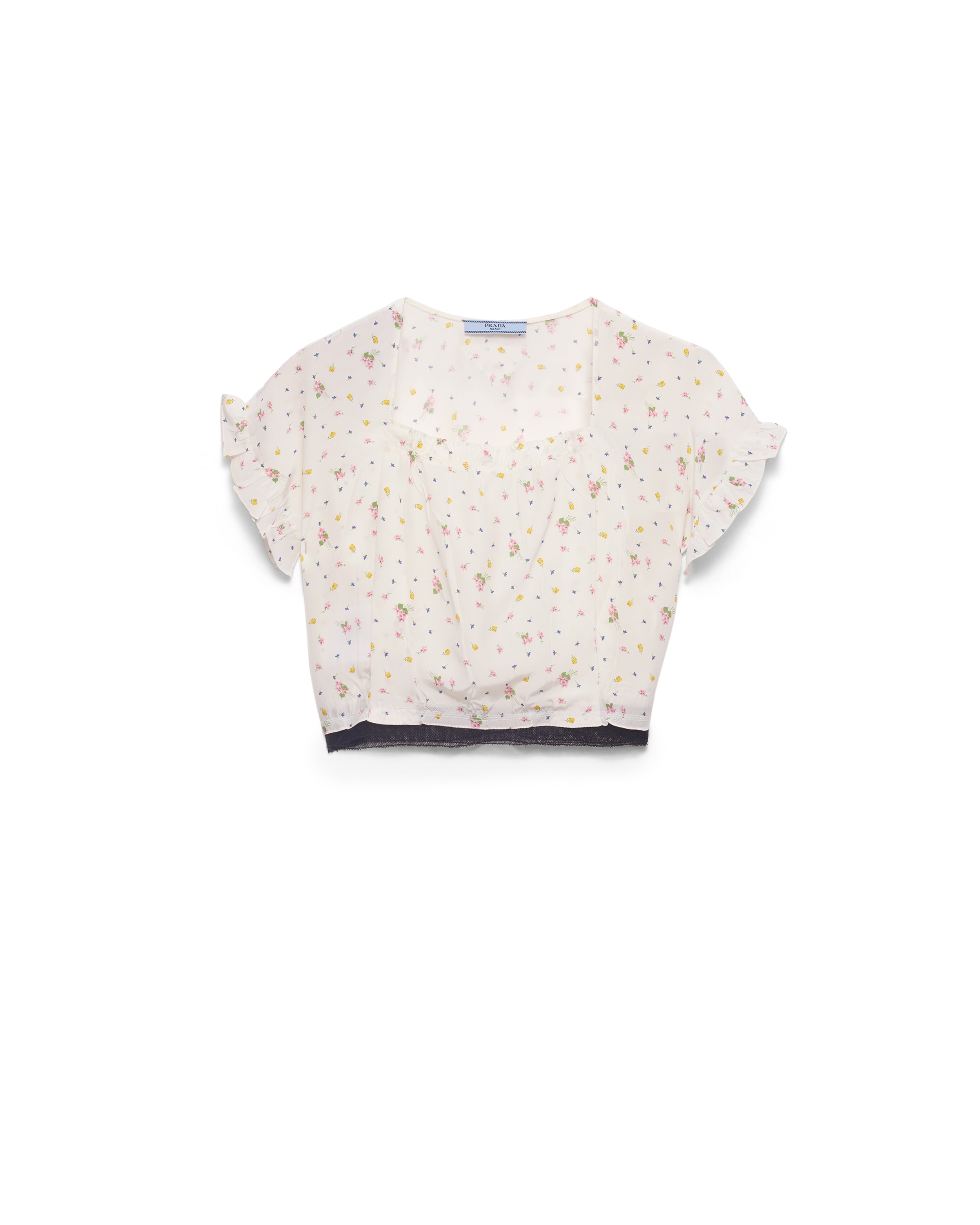 Prada Top Maniche Corte In Pongé Con Stampa Floreale, Donna, Bianco, Taglia 44