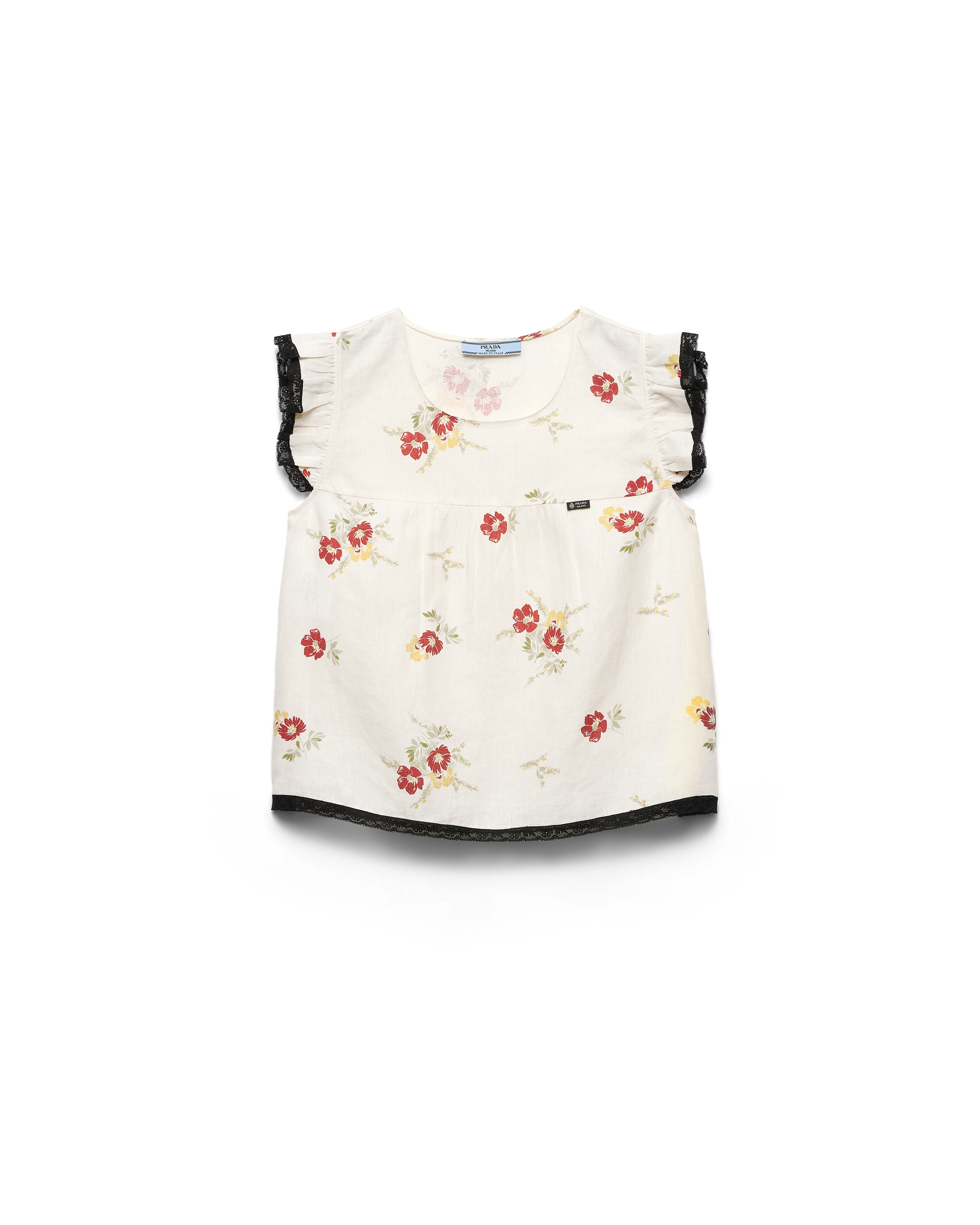 Linen Top With Floral Motif, Woman, Ruby Red, Size 36