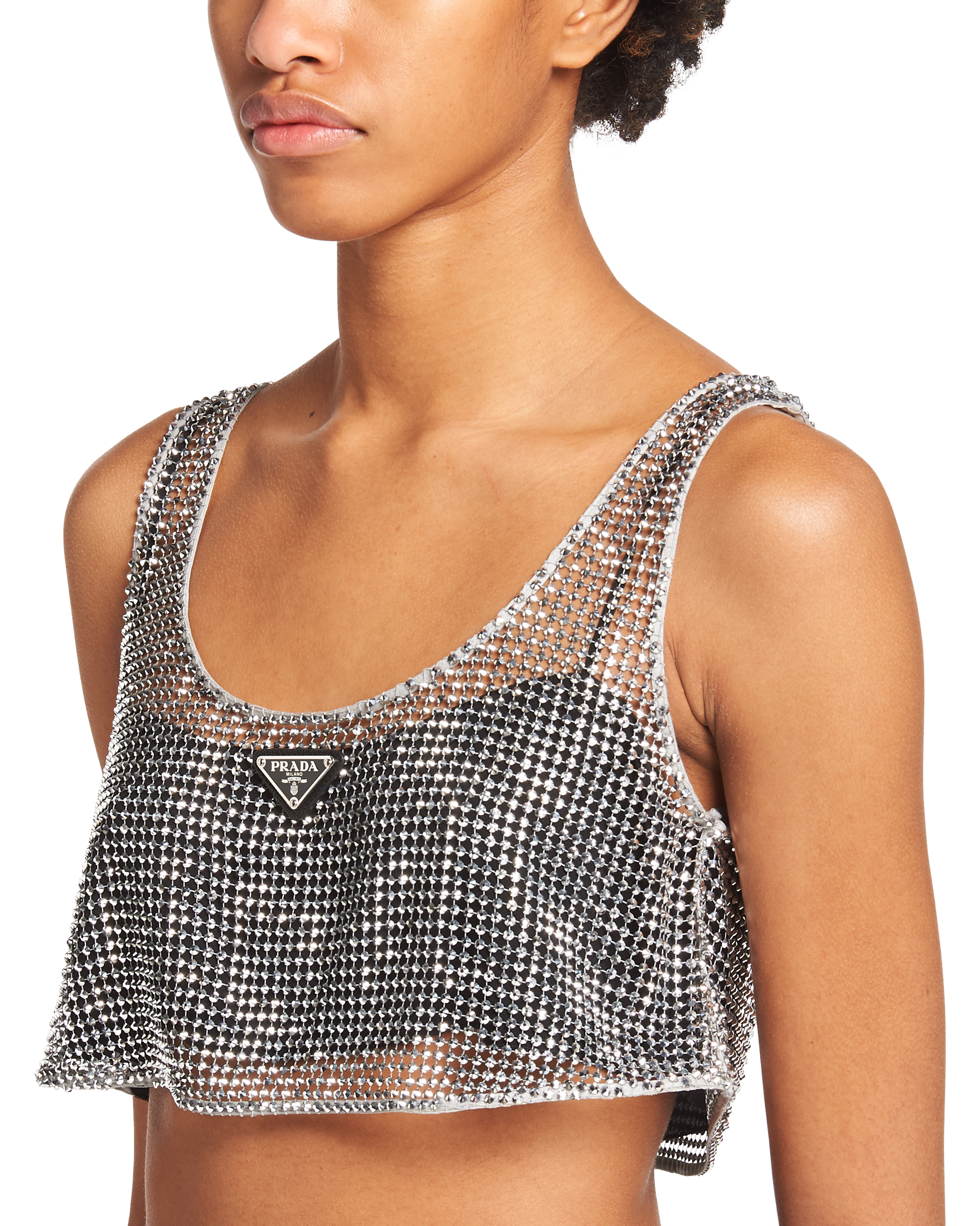 Rhinestone embroidered mesh top