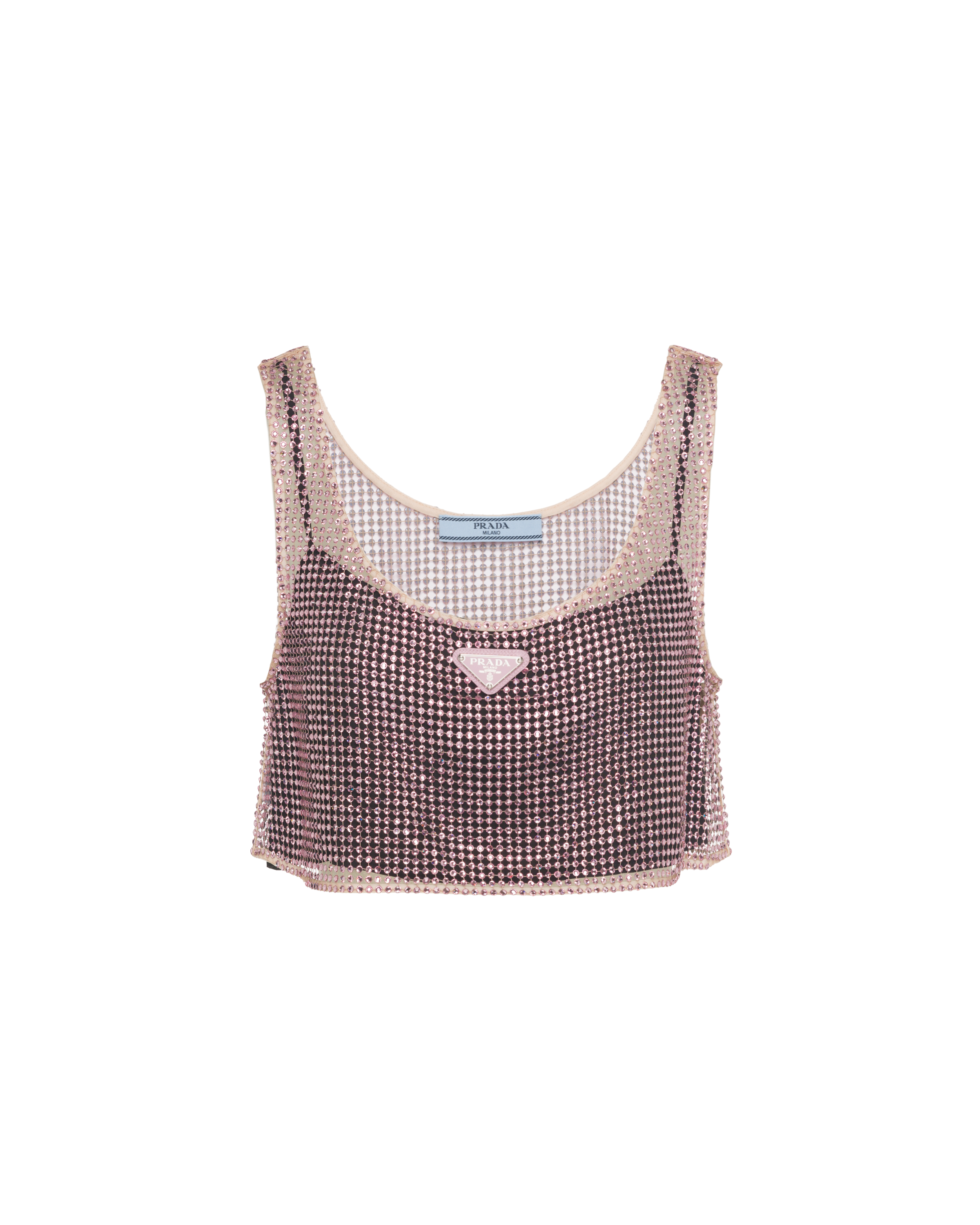 Light Rose Rhinestone embroidered mesh top | Prada